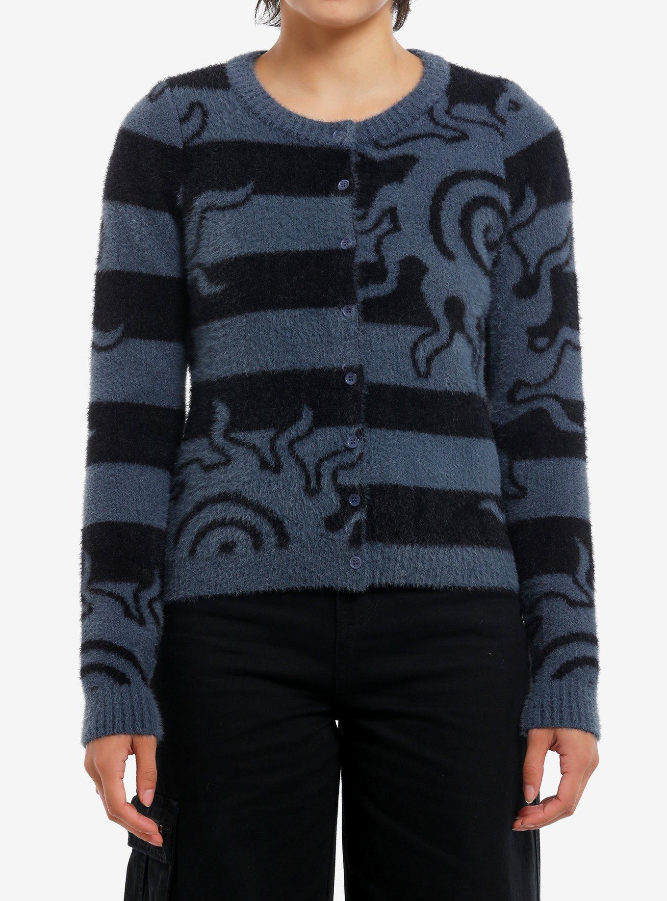 Daisy Street Black & Blue Stripe Sun Fuzzy Girls Cardigan, , hi-res