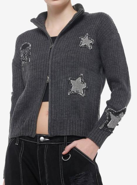 Star & Skull Patches Grey Knit Girls Jacket | Hot Topic