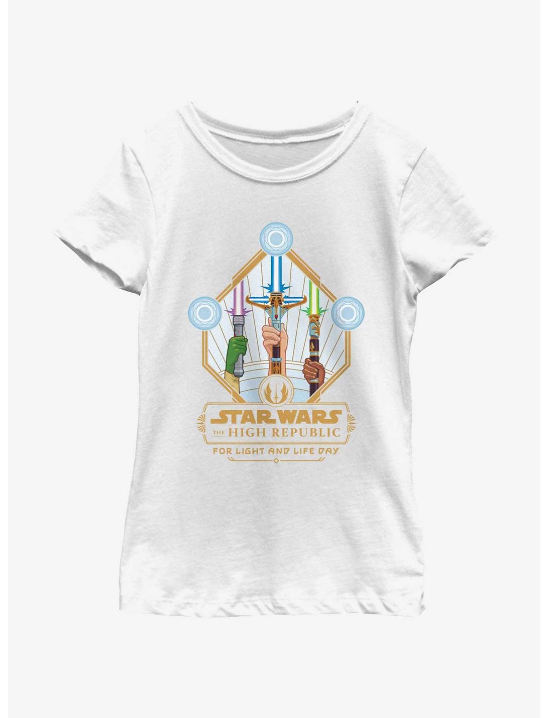 Star Wars Life Day Lightsaber Trio Badge Youth Girls T-Shirt, WHITE, hi-res