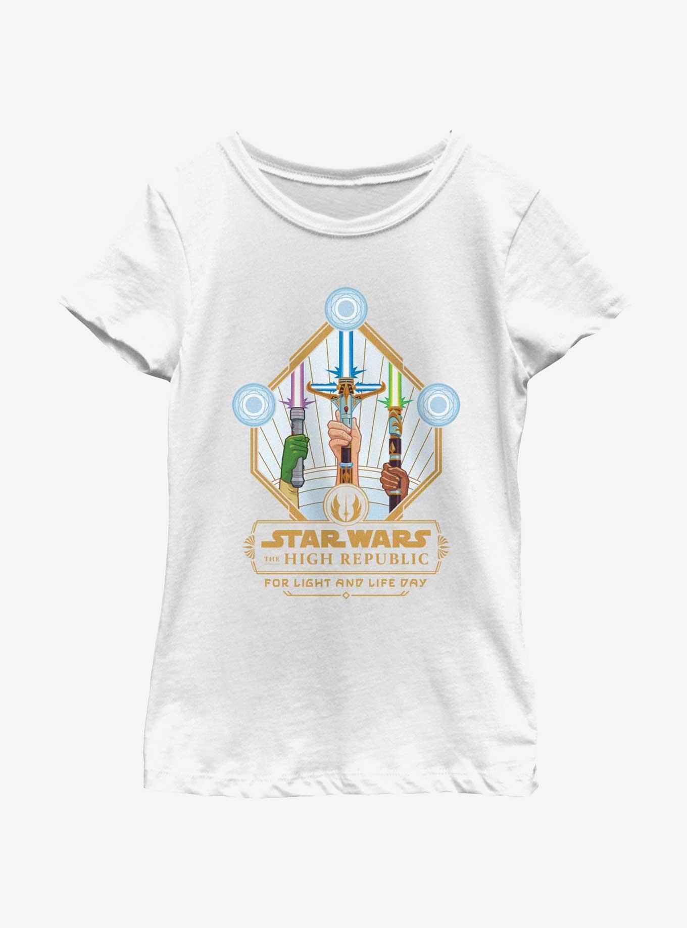Star Wars Life Day Lightsaber Trio Badge Youth Girls T-Shirt, WHITE, hi-res