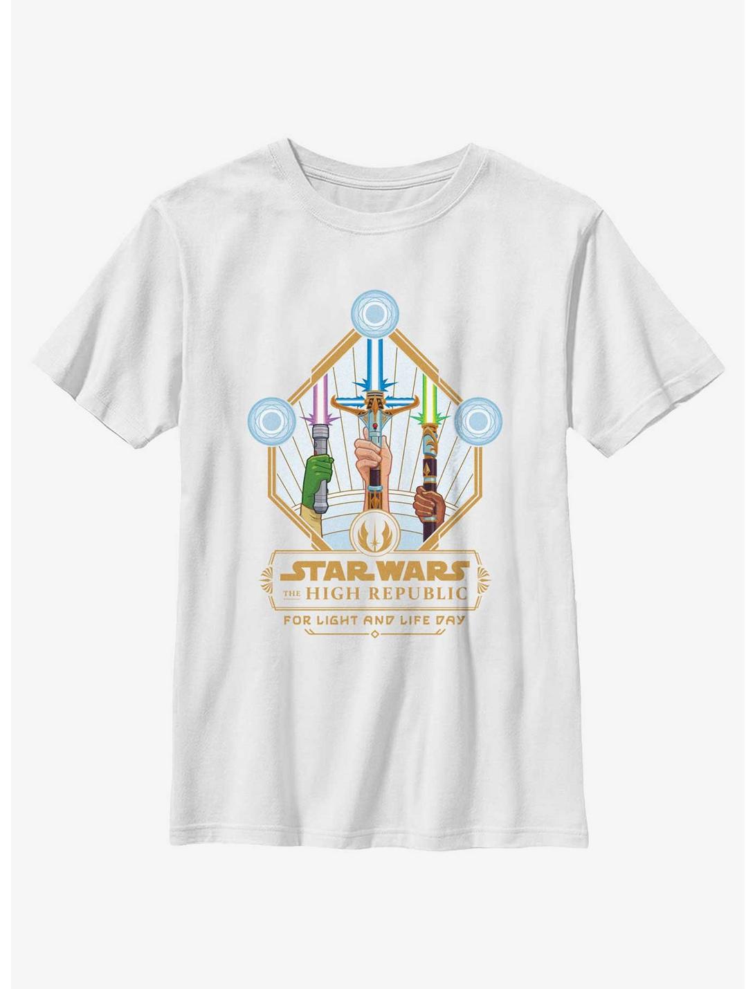 Star Wars Life Day Lightsaber Trio Badge Youth T-Shirt, WHITE, hi-res