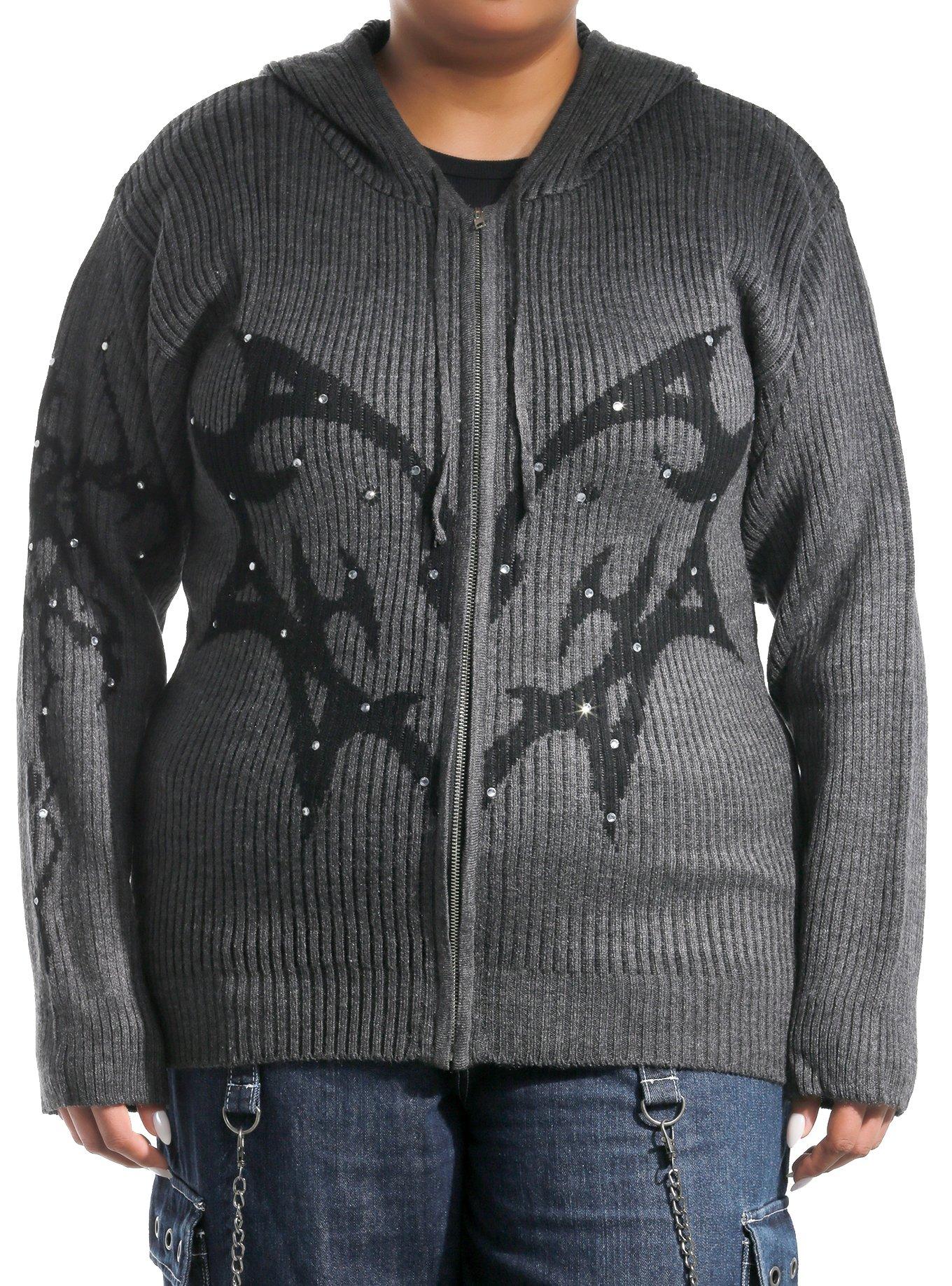 Social Collision Black & Grey Ombre Heart Rhinestone Girls Hoodie Plus Size, , hi-res