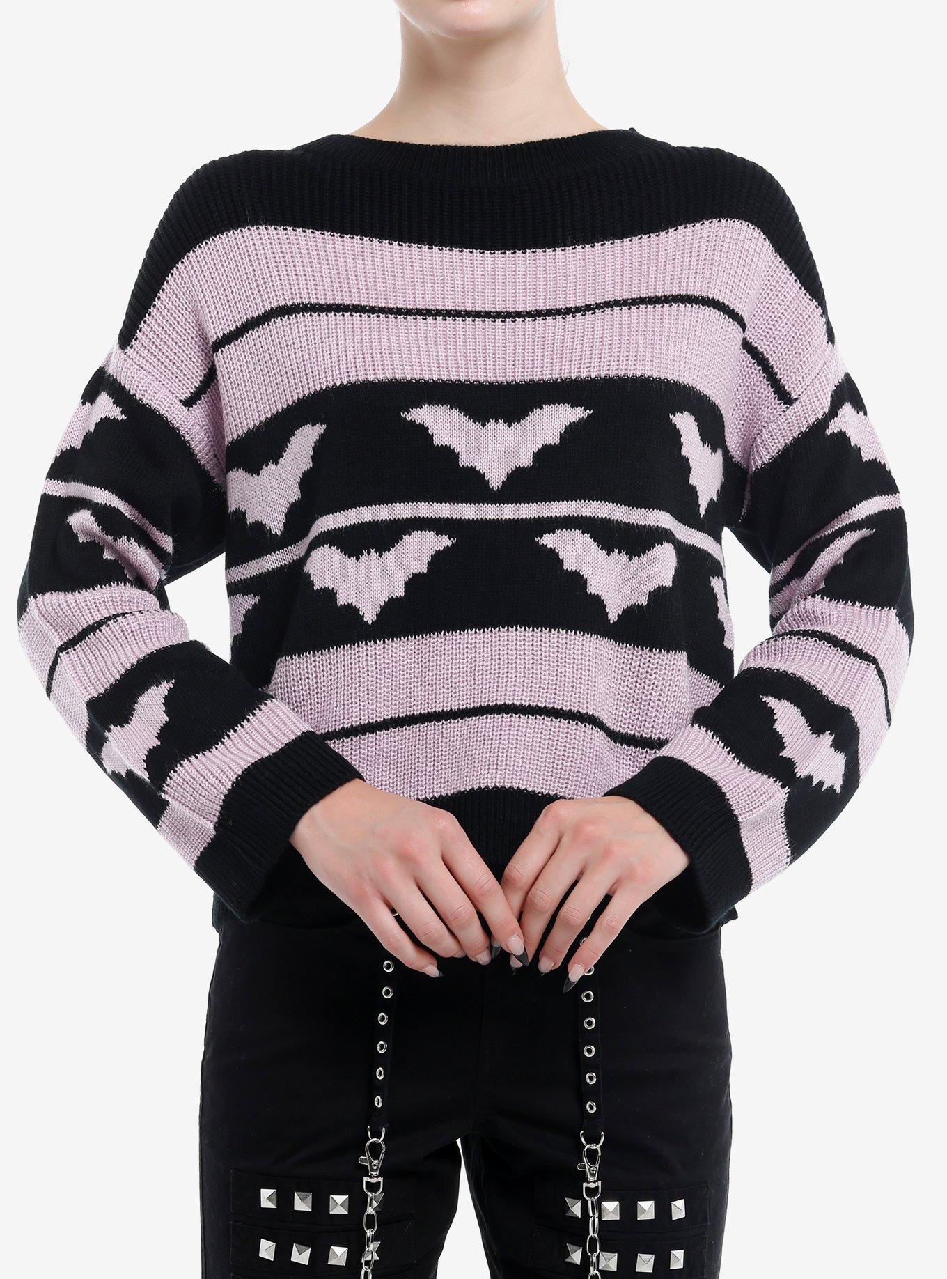 Sweet Society Purple & Black Bat Stripe Girls Oversized Sweater, BLACK, hi-res