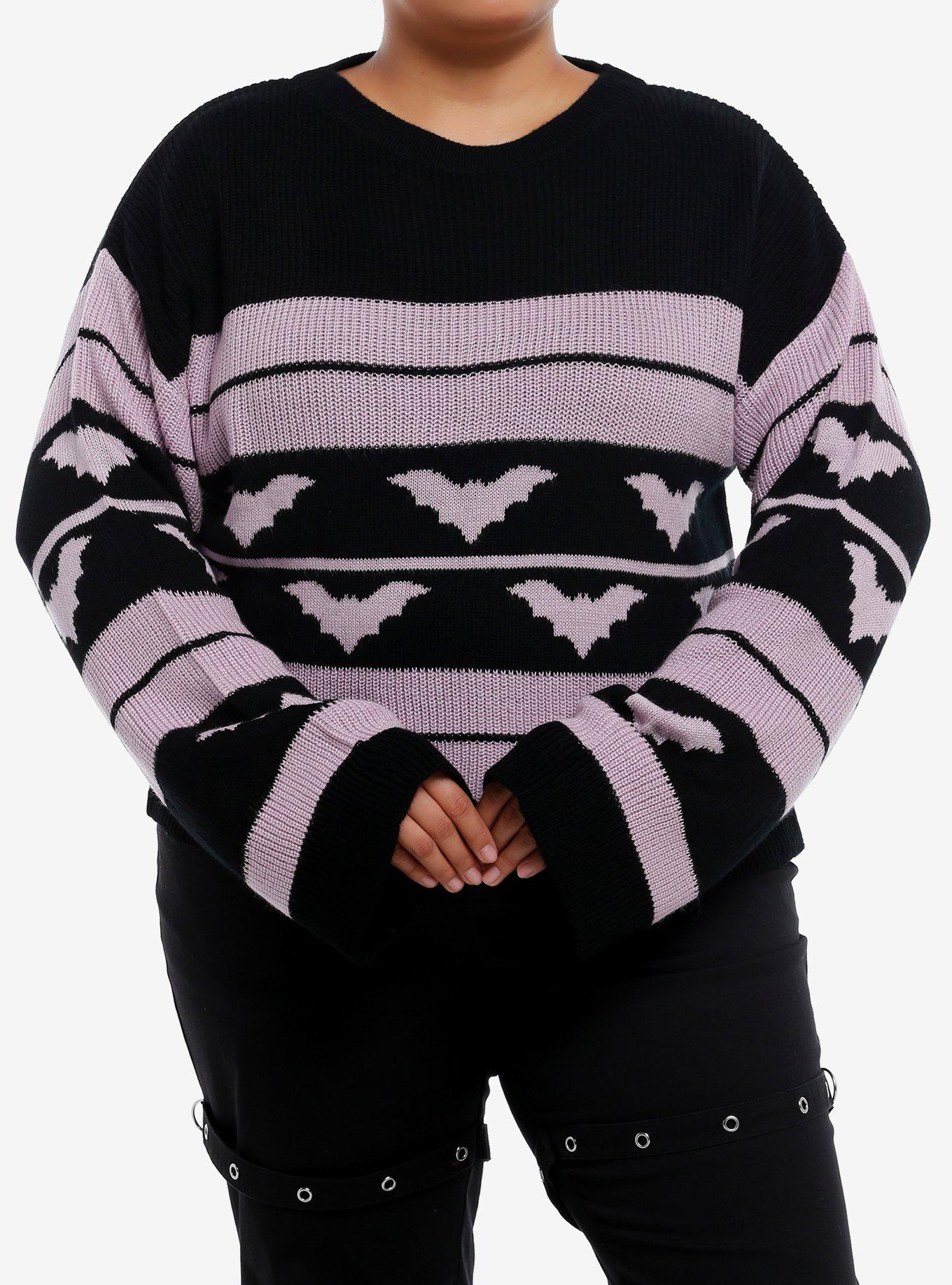 Sweet Society Purple & Black Bat Stripe Girls Oversized Sweater Plus Size, BLACK, hi-res