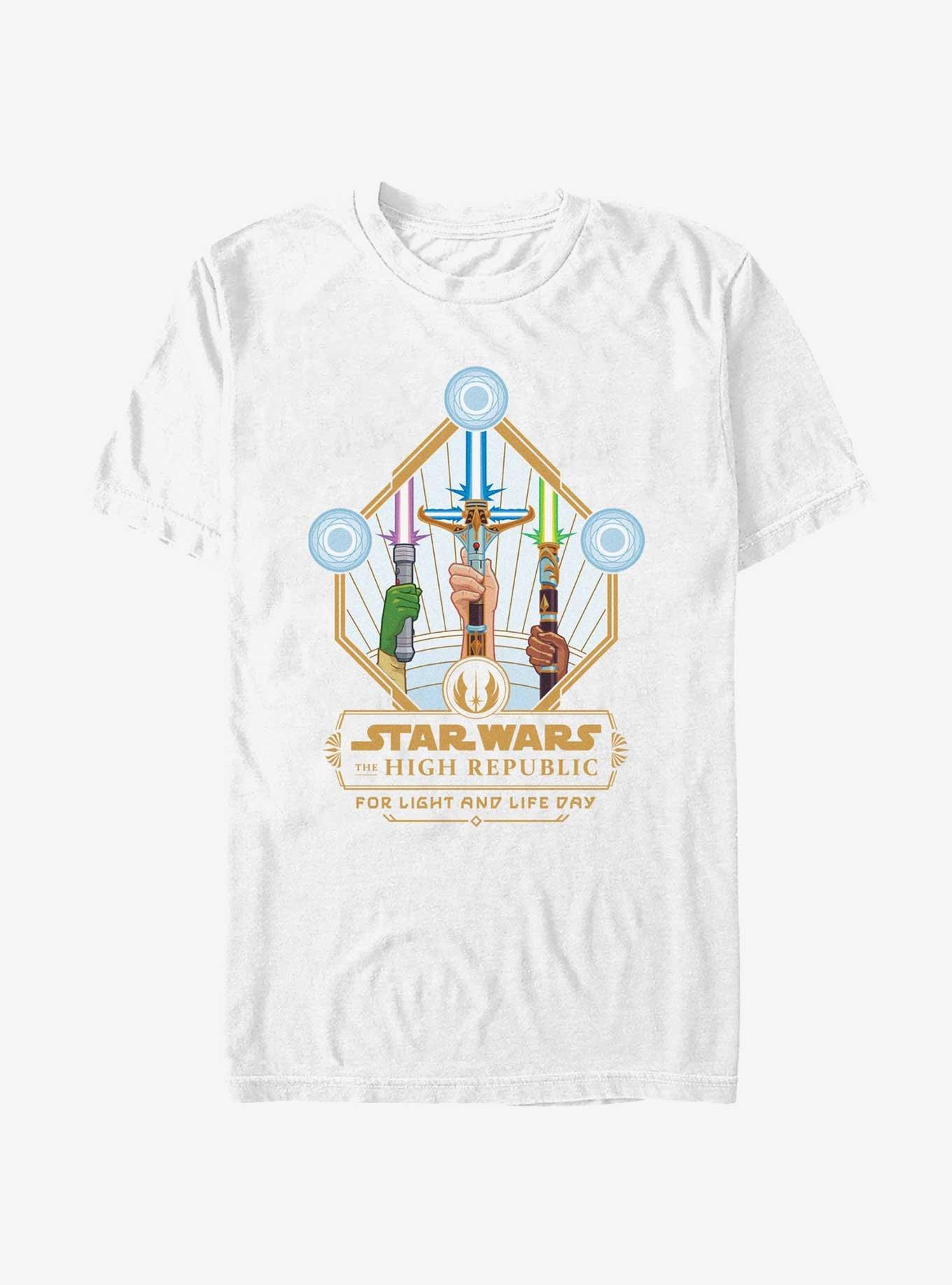 Star Wars Life Day Lightsaber Trio Badge T-Shirt, WHITE, hi-res