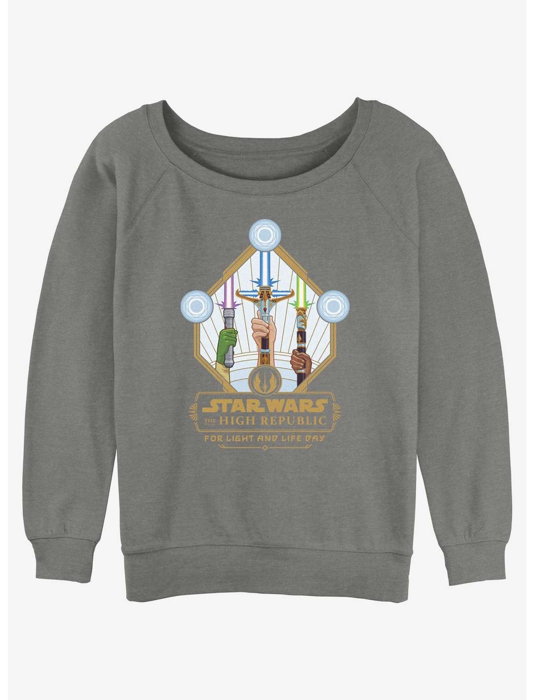 Star Wars Life Day Lightsaber Trio Badge Womens Slouchy Sweatshirt, GRAY HTR, hi-res