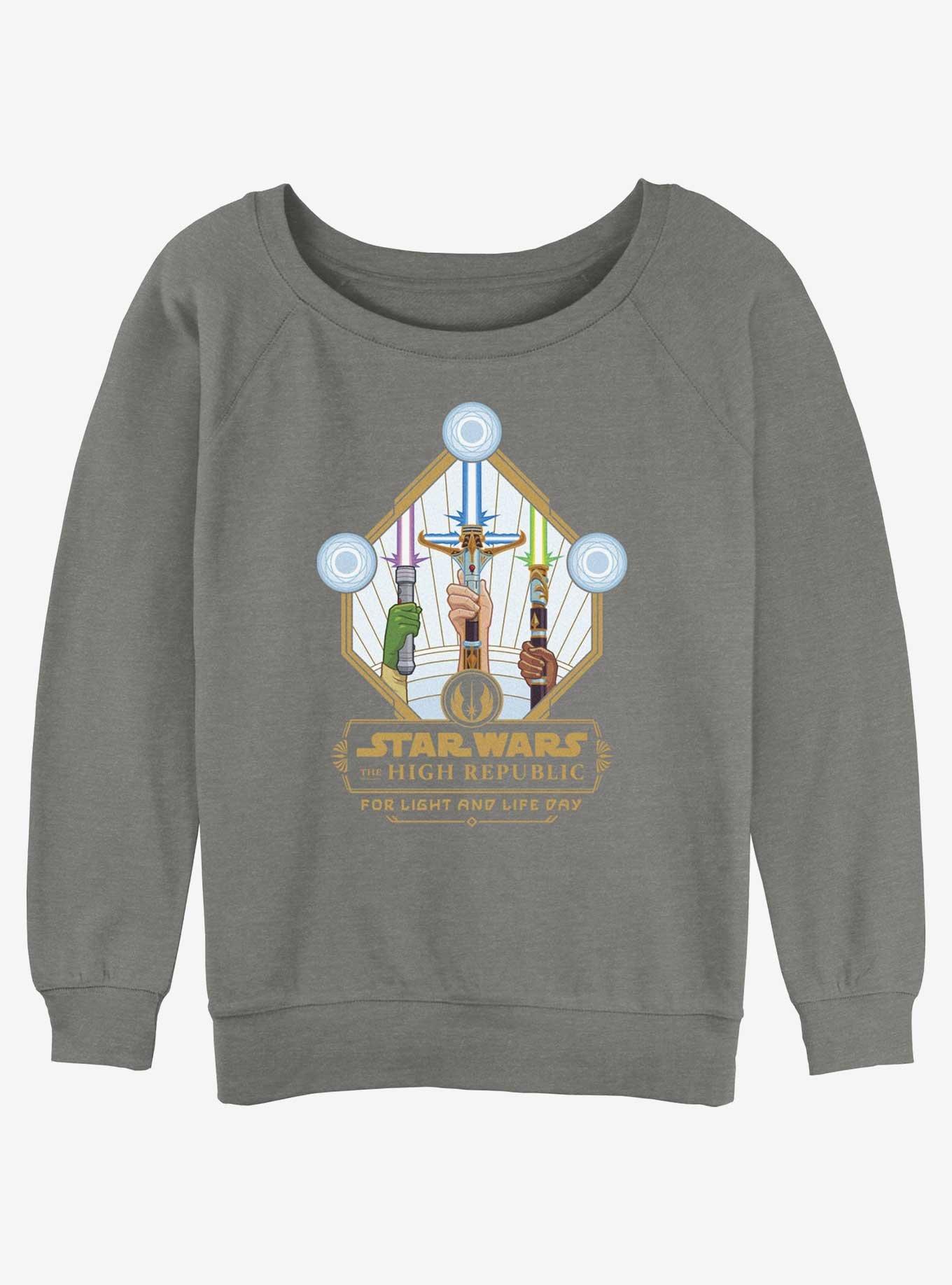 Star Wars Life Day Lightsaber Trio Badge Womens Slouchy Sweatshirt, GRAY HTR, hi-res