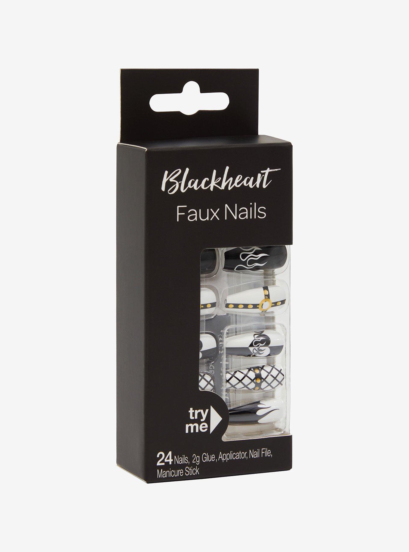 Blackheart Black & White Flame Heart Faux Nail Set, , hi-res