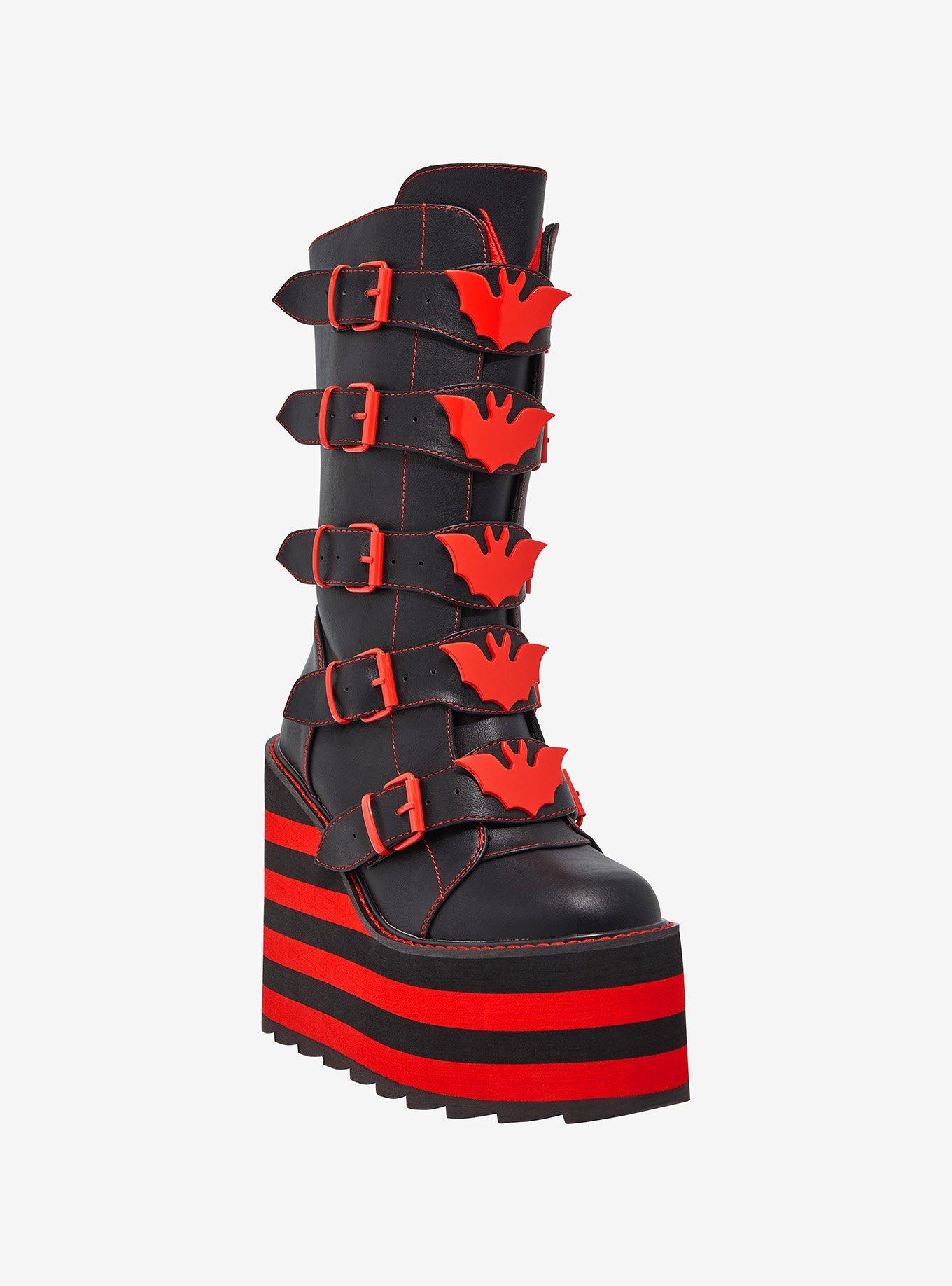 YRU Black & Red Bat Dune Platform Boots, , hi-res