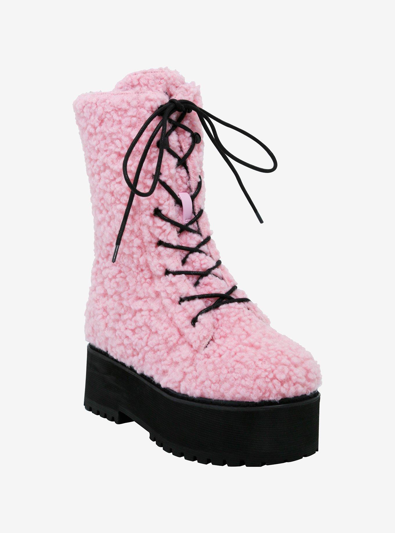 YRU Pastel Pink Sherpa Platform Combat Boots