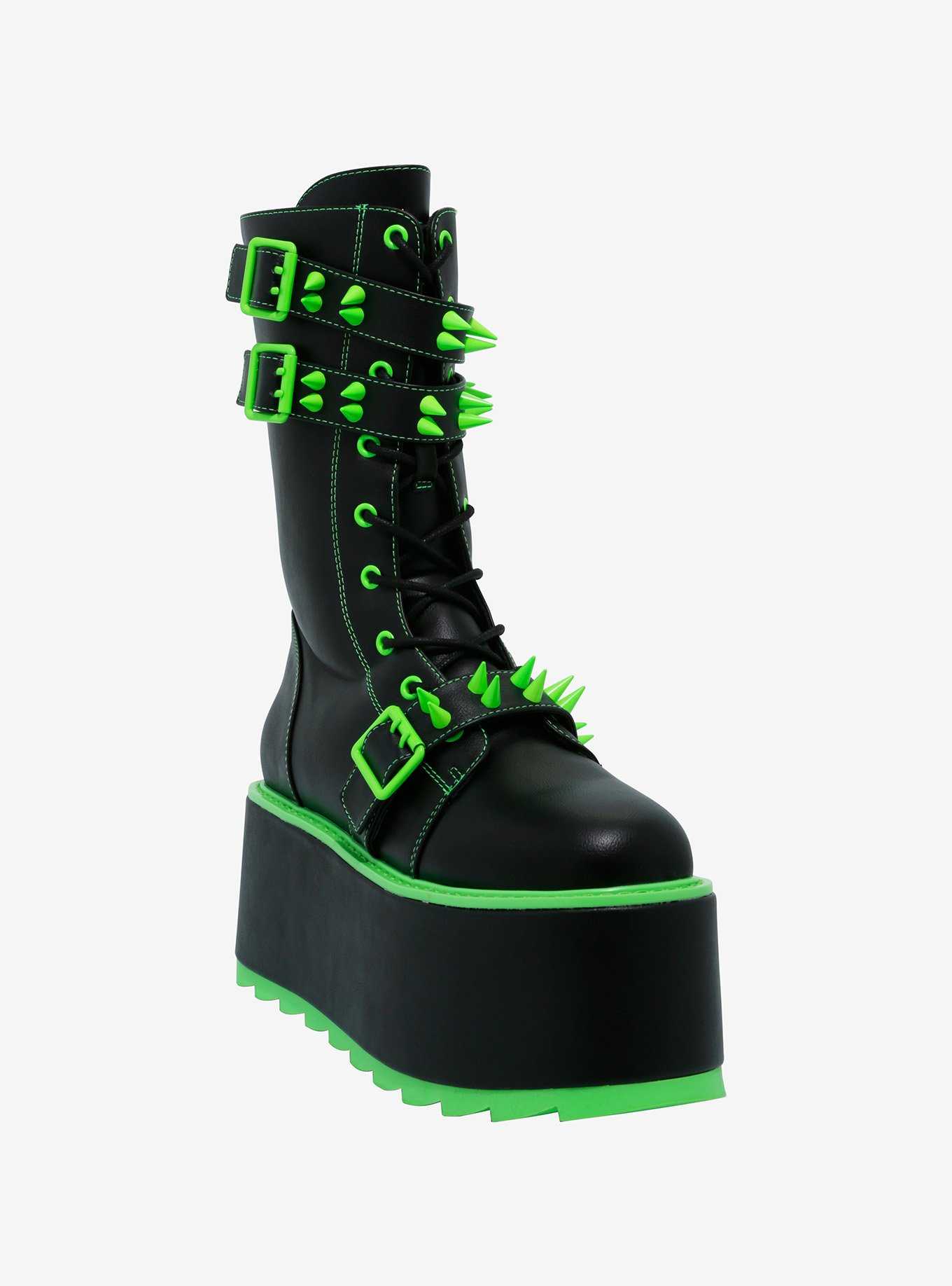 YRU Black & Neon Green Spiked Trance Platform Boots, , hi-res