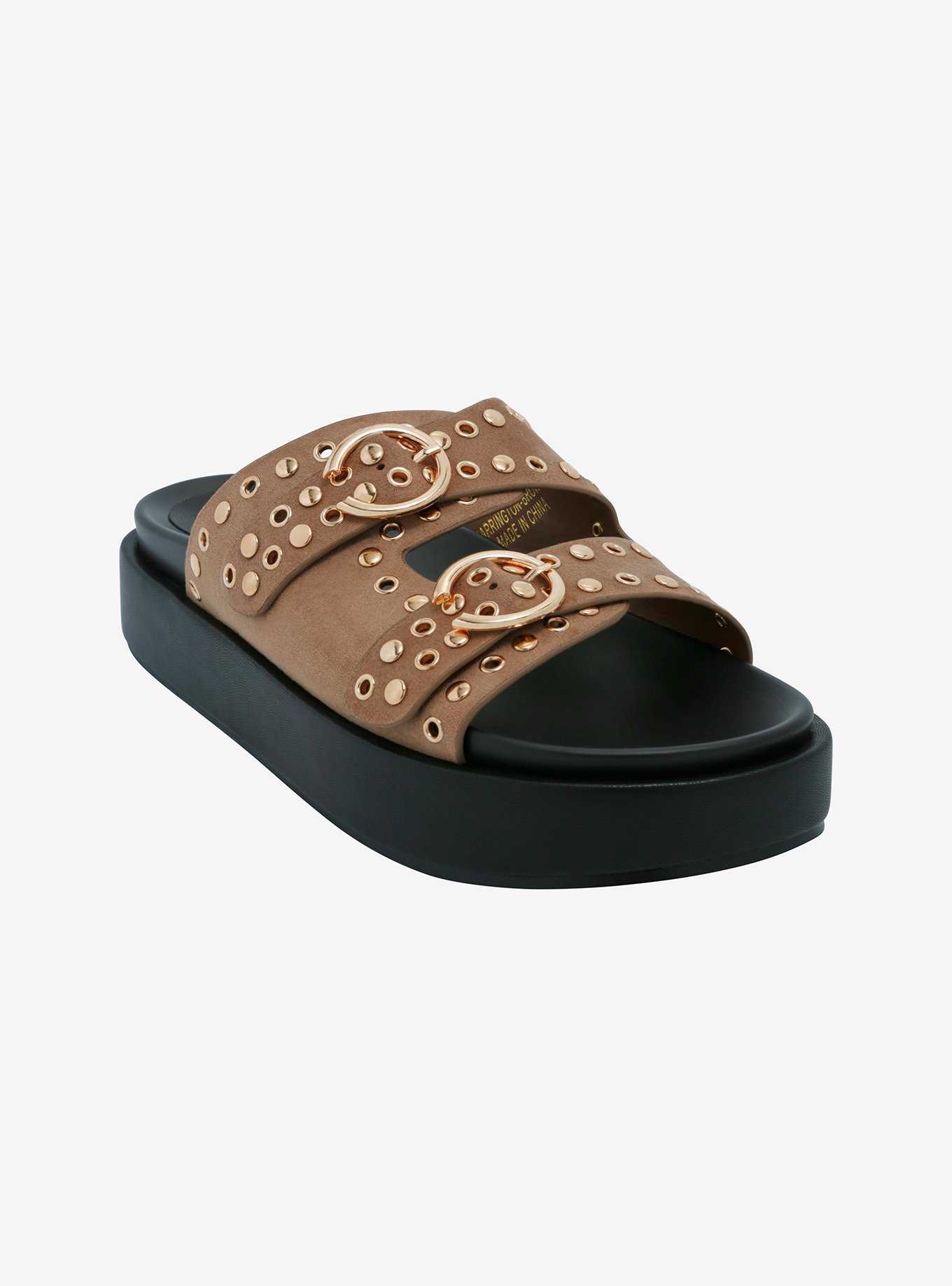 Azalea Wang Tan & Gold Grommet Platform Buckle Sandals, , hi-res