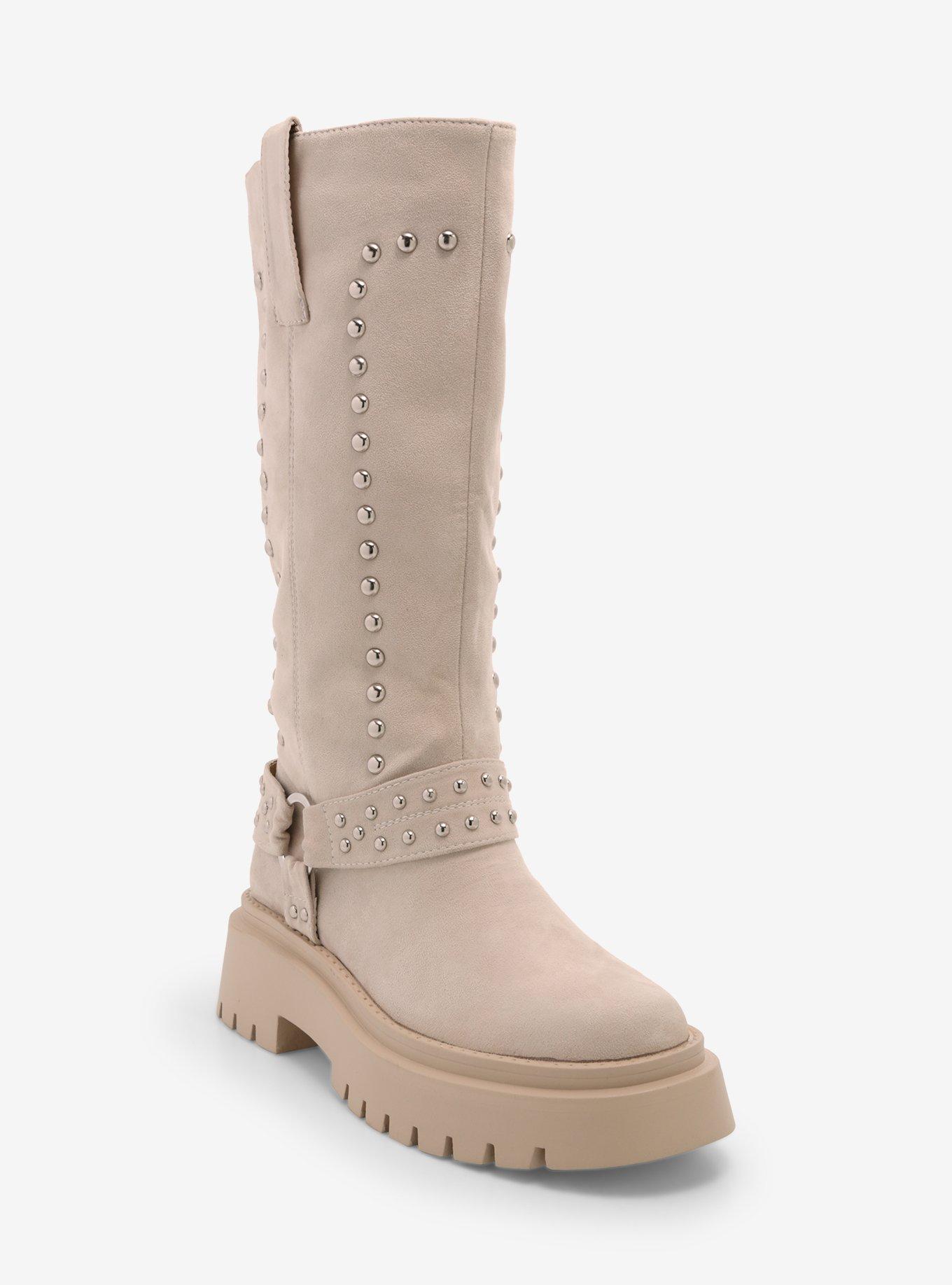 Azalea Wang Beige Studded Knee-High Platform Boots, , hi-res