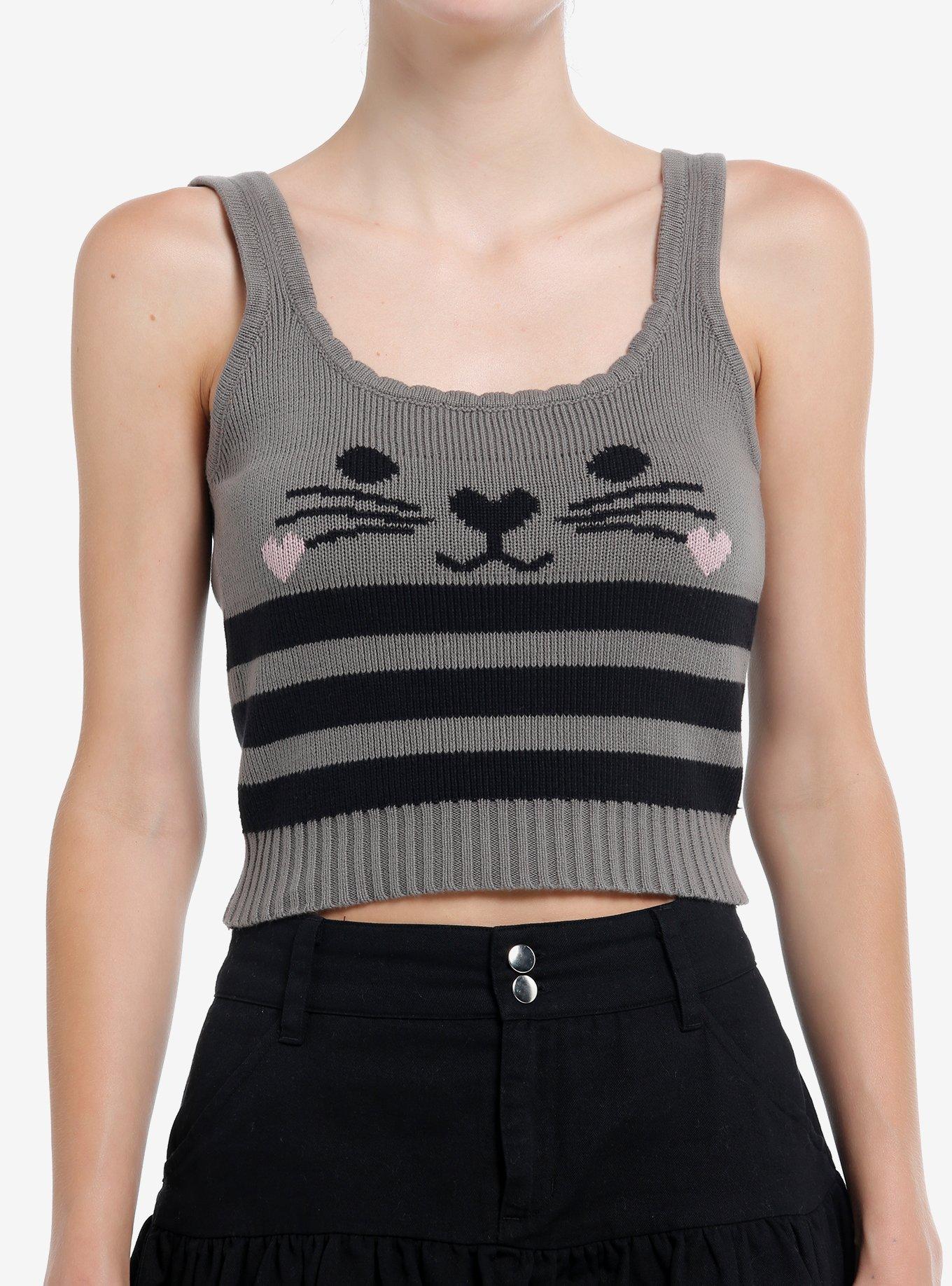 Sweet Society Grey Cat Stripe Girls Knit Tank Top