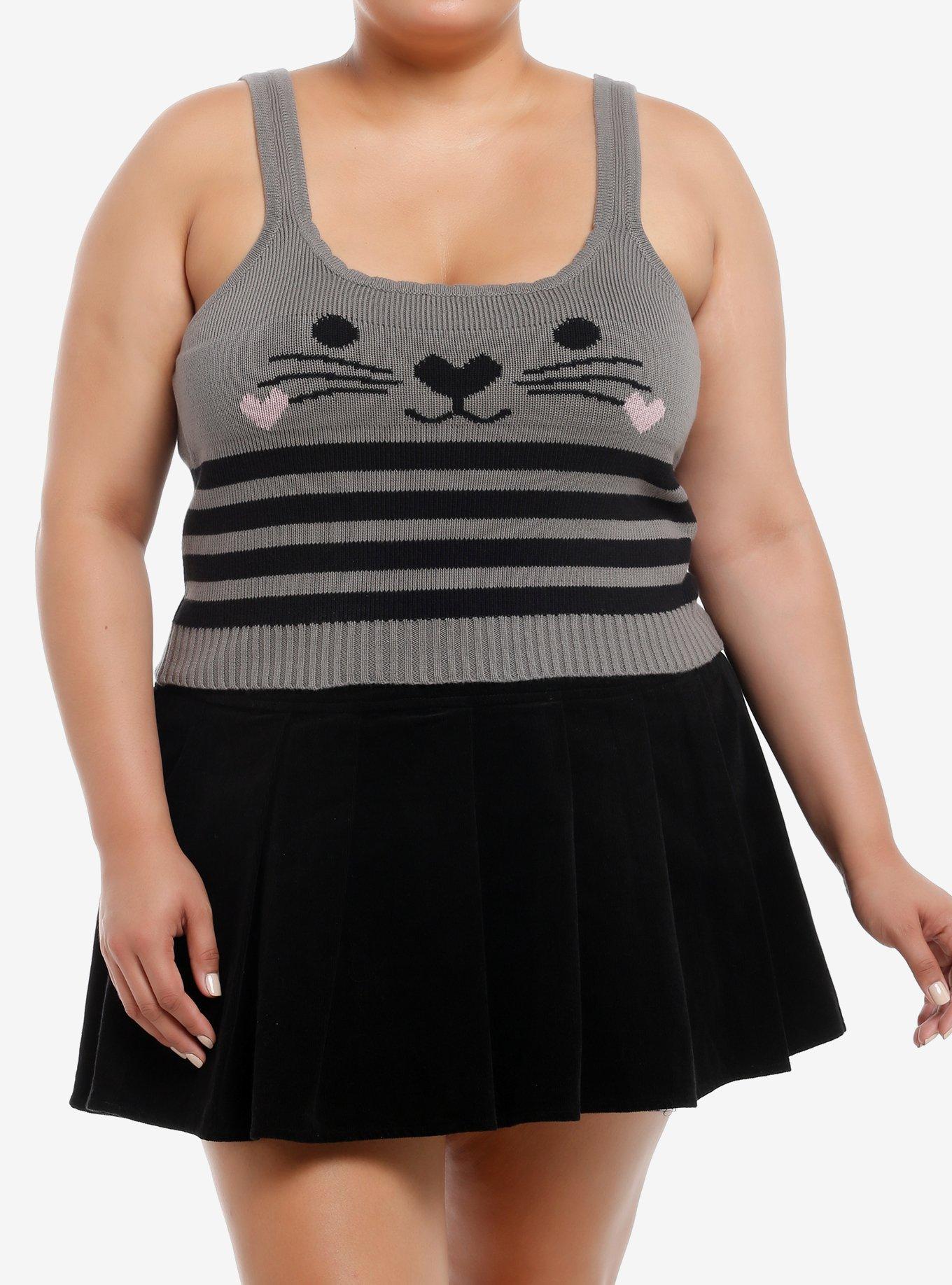 Sweet Society Grey Cat Stripe Girls Knit Tank Top Plus