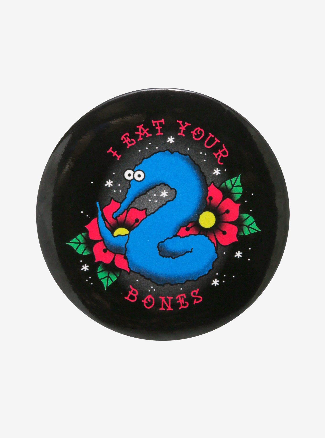 Fuzzy Worm Eat Your Bones 3 Inch Button, , hi-res