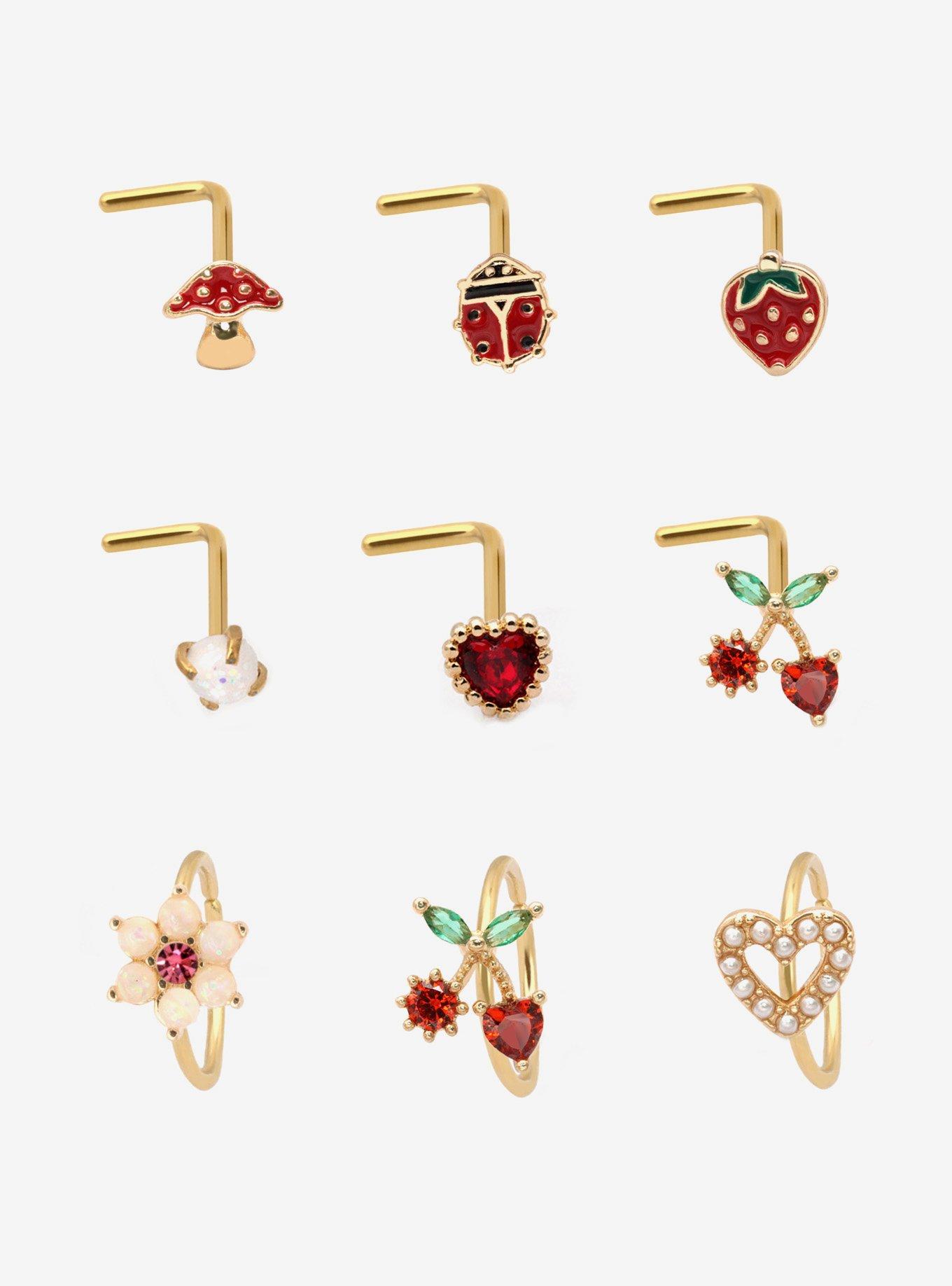 Steel Gold Cherry Heart Nose Stud & Hoop 9 Pack, MULTI, hi-res