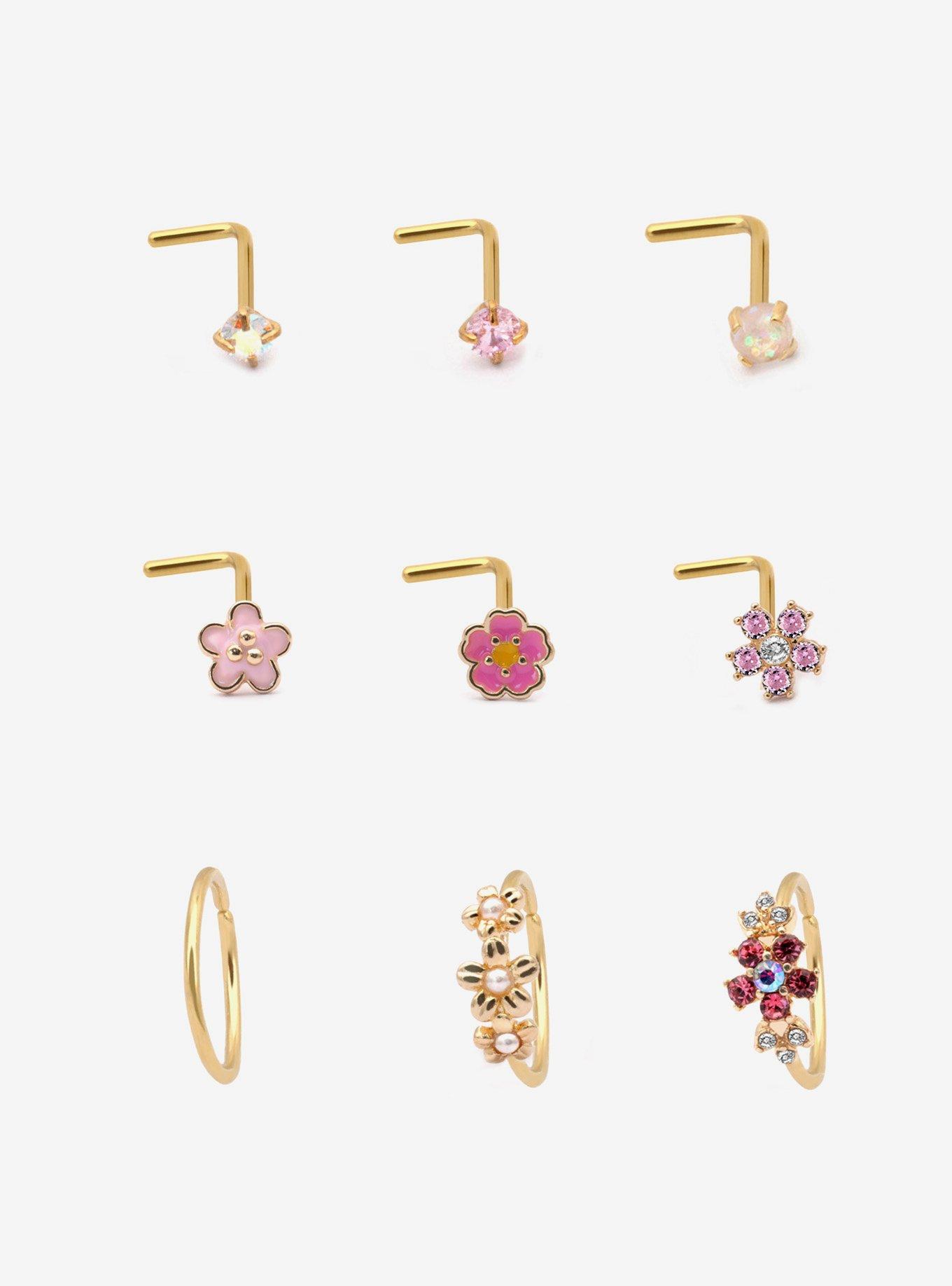 Steel Pink Flower Nose Stud & Hoop 9 Pack, , hi-res