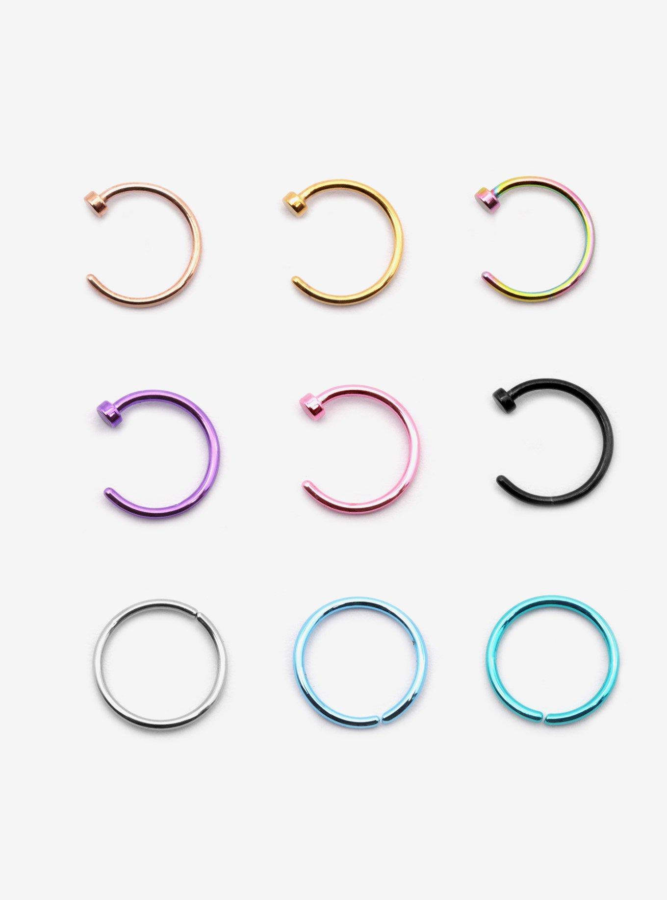 Steel Multi-Color Nose Hoop 9 Pack, MULTI, hi-res