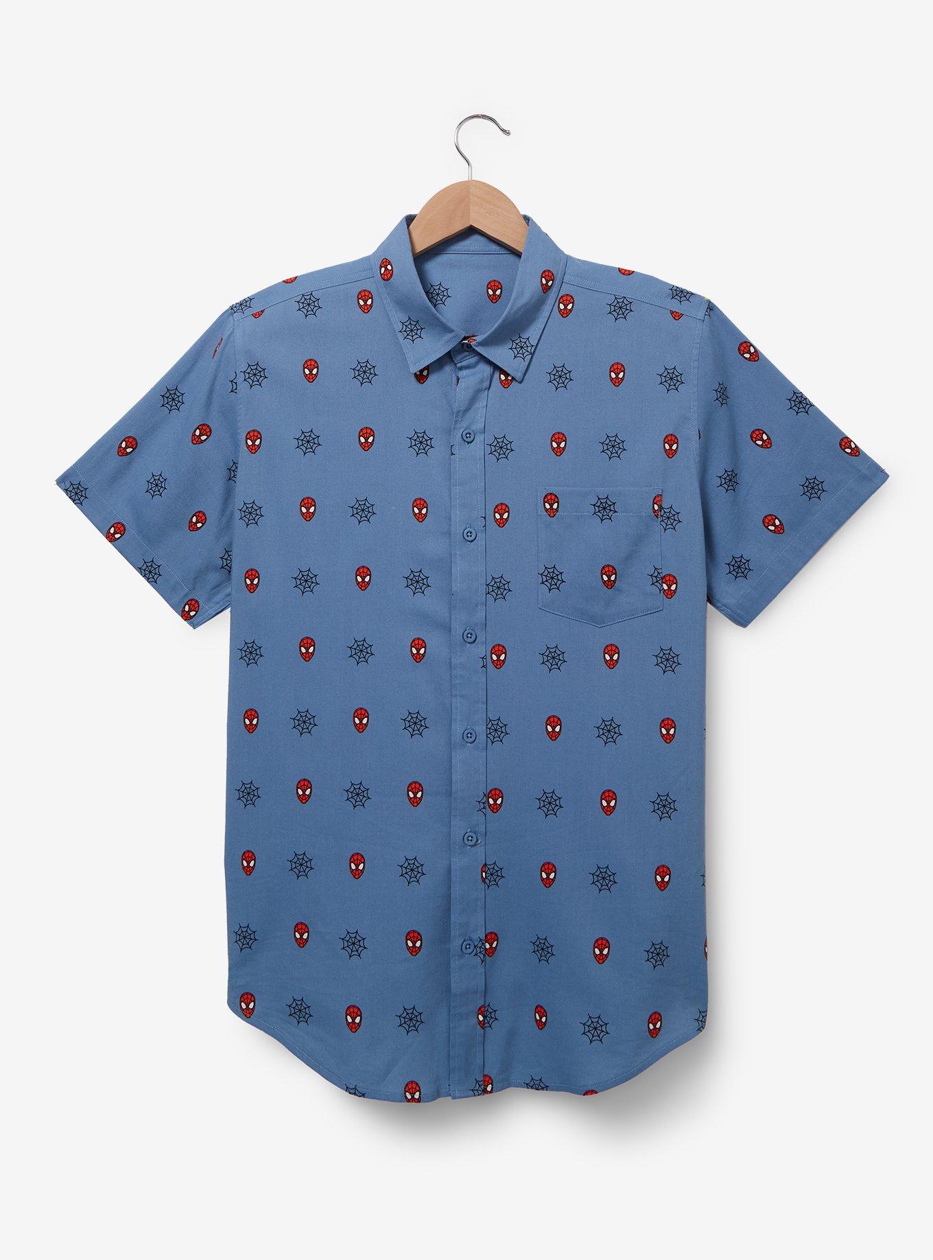 Marvel Spider-Man Mask & Web Allover Print Woven Button-Up - BoxLunch Exclusive, BLUE, hi-res