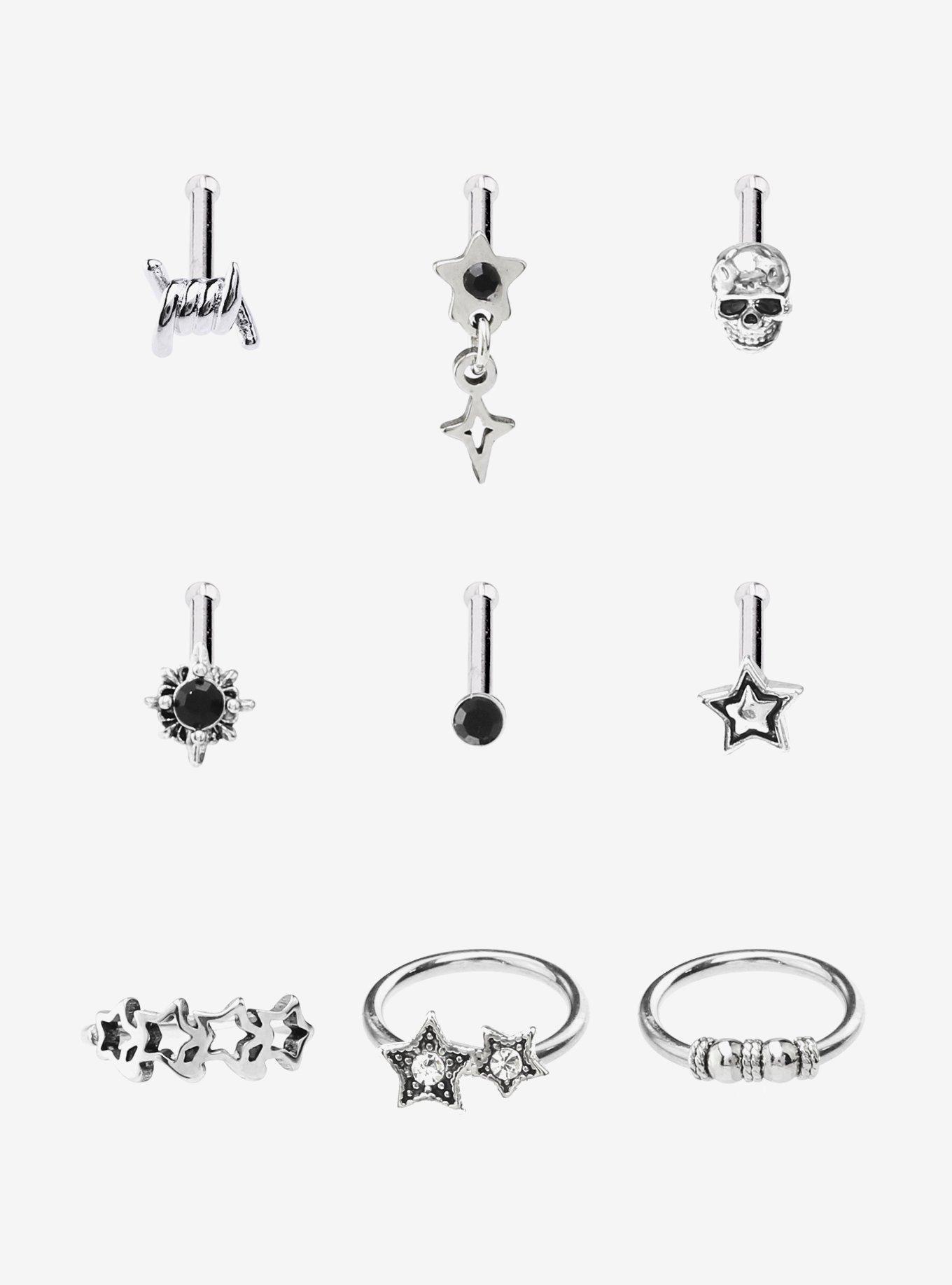 Steel Skull Star Barbed Wire Nose Stud & Hoop 9 Pack, , hi-res
