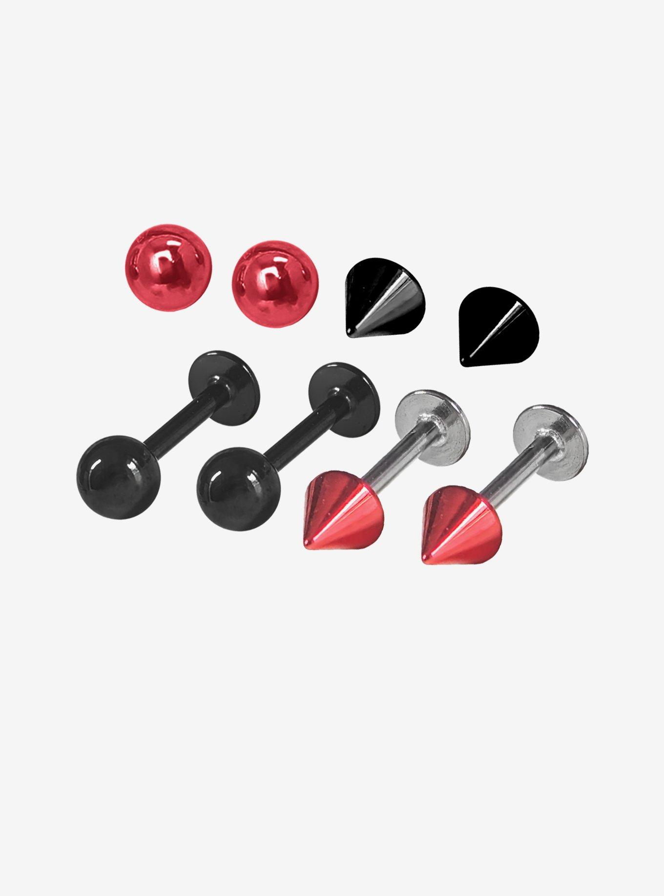 16G Steel Black & Red Labret Stud 4 Pack, , hi-res