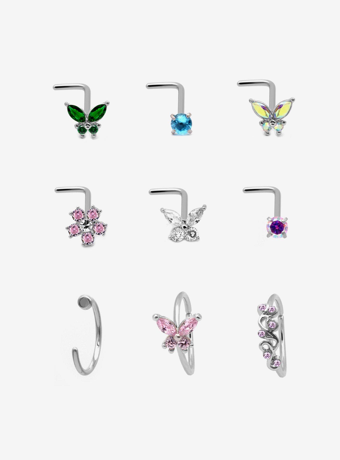 Steel Butterfly Bling Nose Stud & Hoop 9 Pack, , hi-res