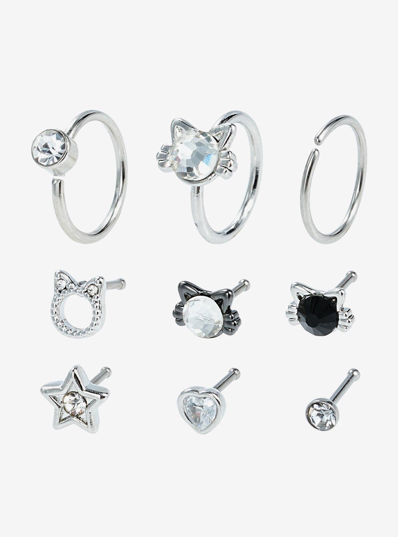 Steel Cat Bling Nose Stud & Hoop 9 Pack, MULTI, hi-res