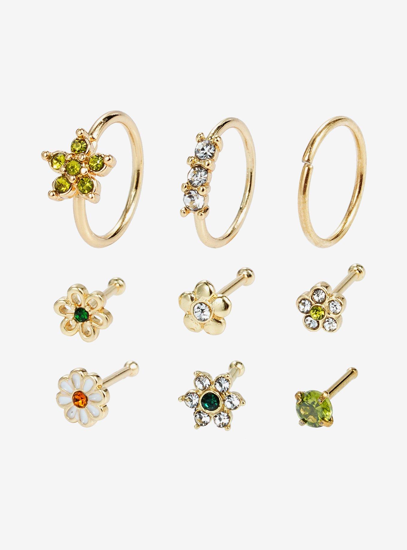 Steel Gold Bedazzled Flowers Nose Stud & Captive Hoop 9 Pack, , hi-res
