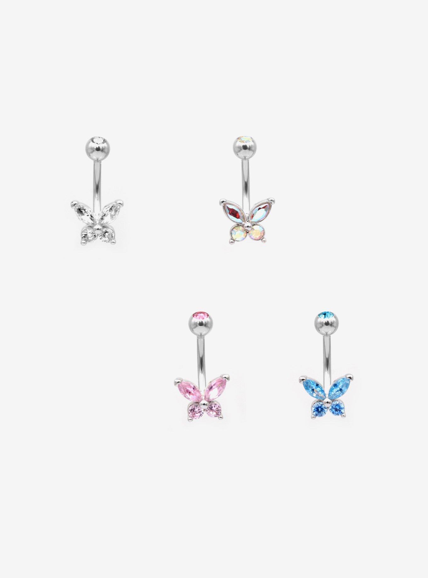 14GSteel Silver Butterfly CZ Gem Navel Barbell 4 Pack, , hi-res