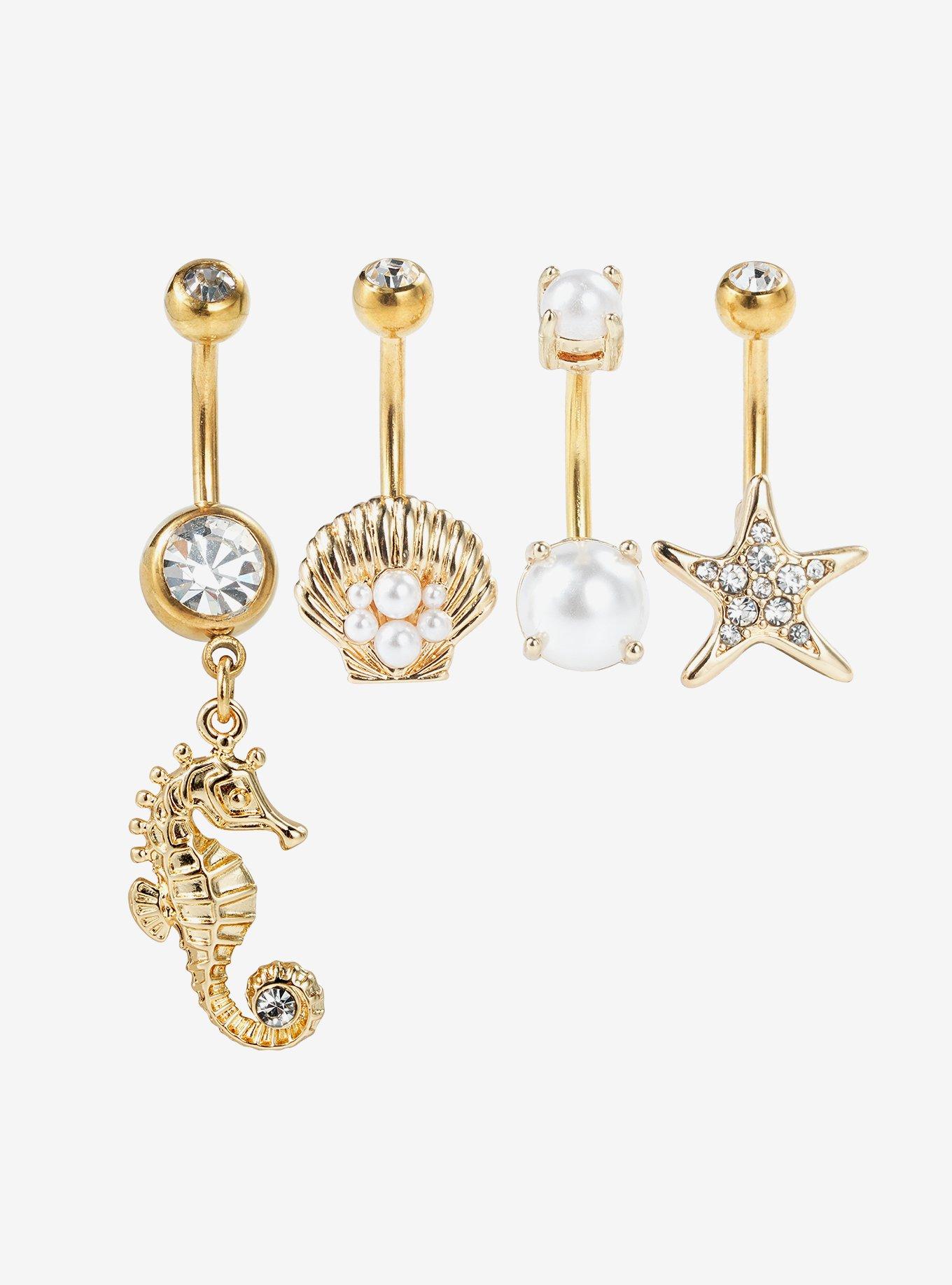 Steel Gold Sea Creatures Navel Barbell 4 Pack, , hi-res