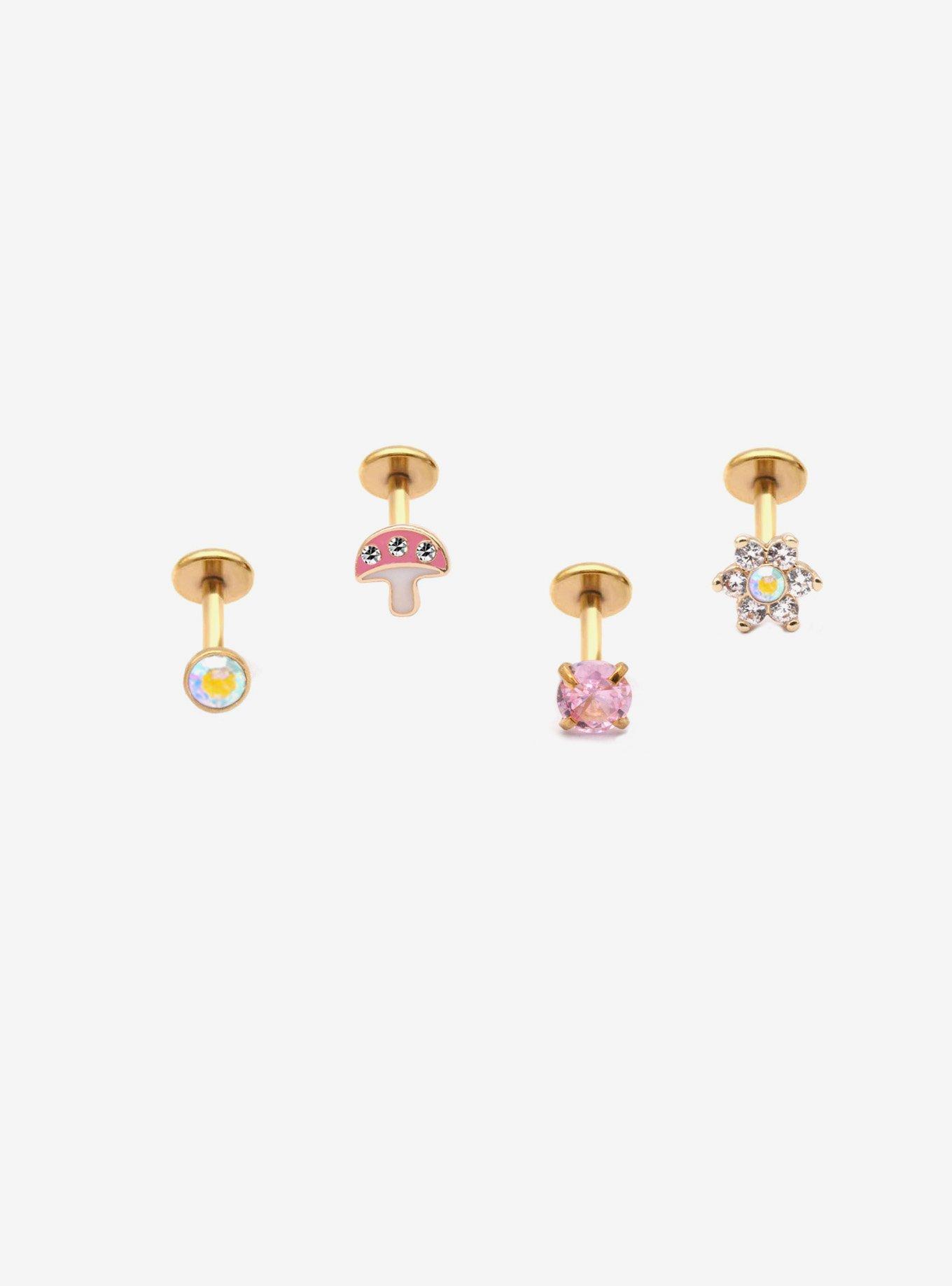 Steel Gold Mushroom & Flower Nose Stud 4 Pack, , hi-res