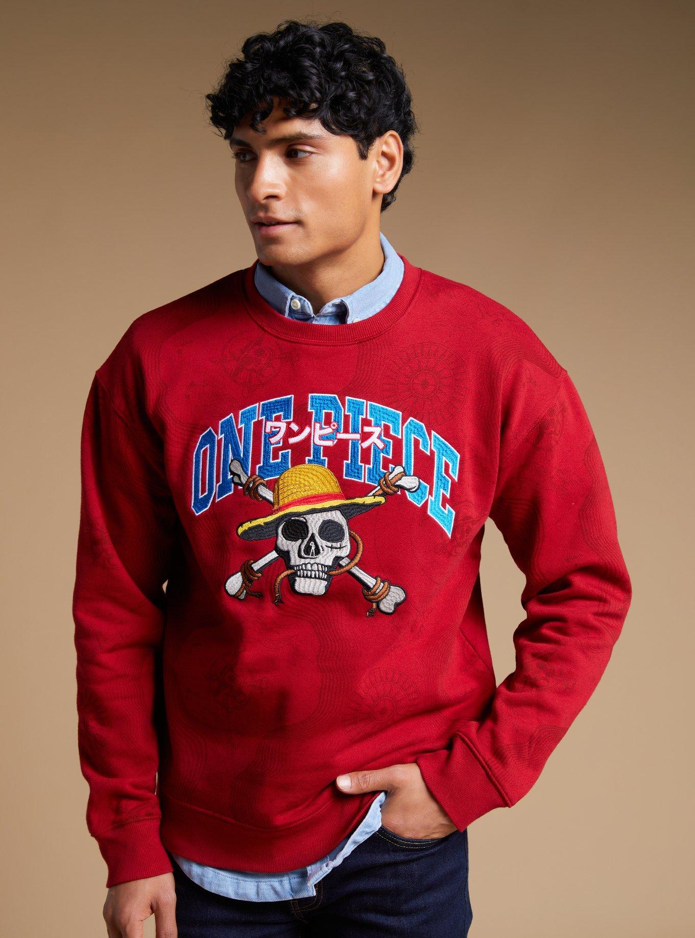 One Piece Straw Hat Crew Jolly Roger Crewneck - BoxLunch Exclusive, RED, hi-res