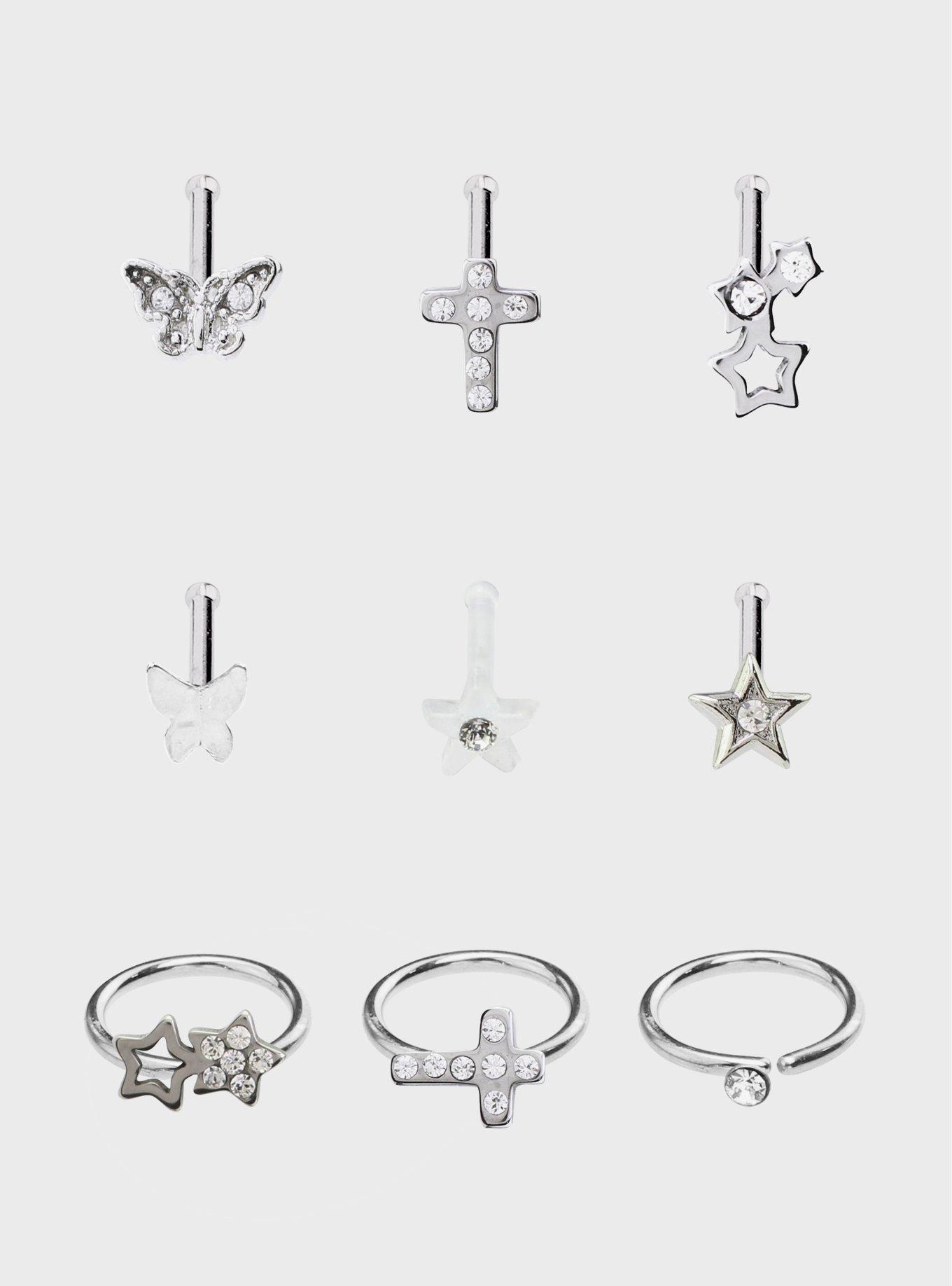 Steel Silver Cross Star Butterfly Nose Stud & Hoop 9 Pack