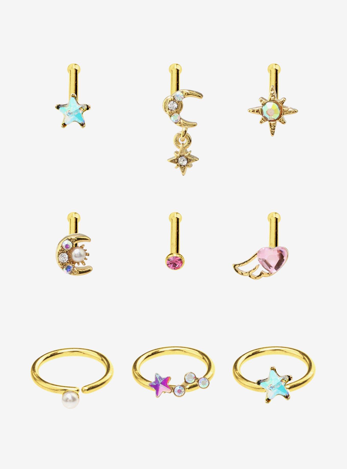 Steel Celestial Pearl Nose Stud & Hoop 9 Pack, , hi-res