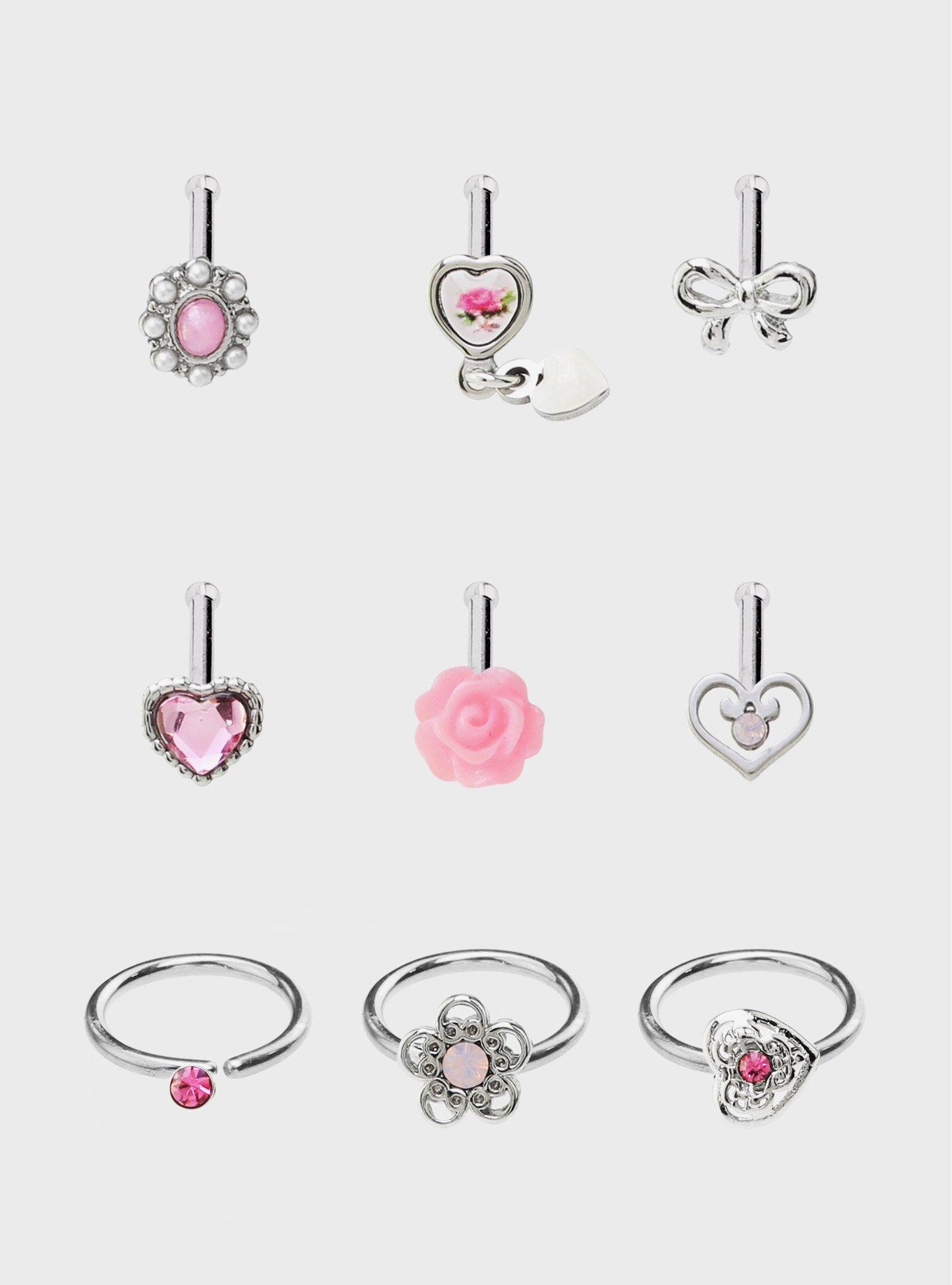 Steel Silver Rose & Bow Nose Stud & Captive Hoop 9 Pack, MULTI, hi-res