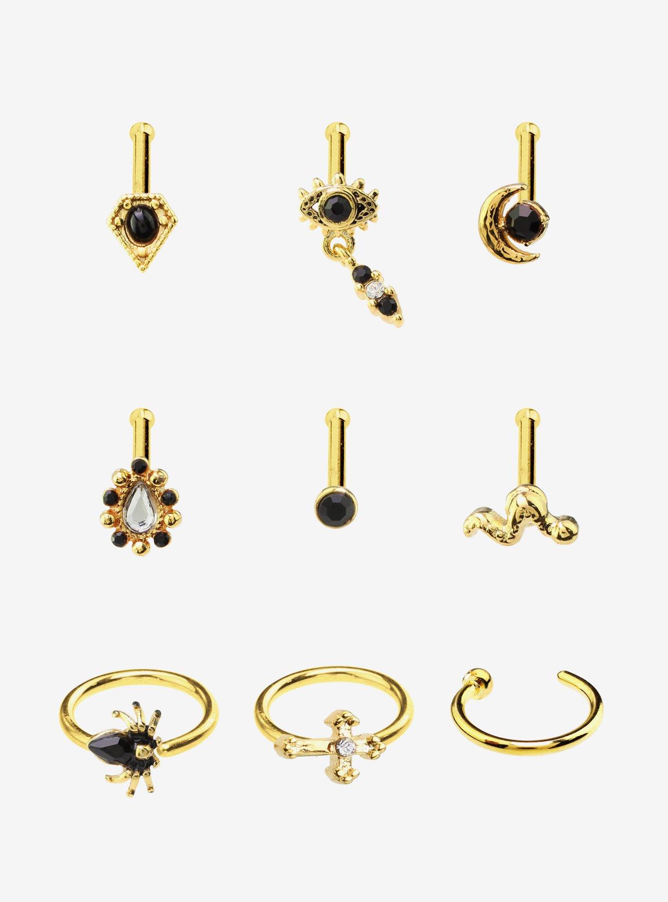 Steel Gold Snake Cross Spider Nose Stud & Hoop 9 Pack, , hi-res