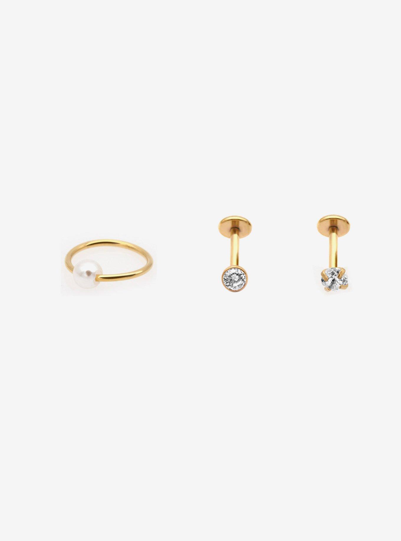 Steel Gold Rhinestone Pearl Labret Stud & Hoop 3 Pack, MULTI, hi-res