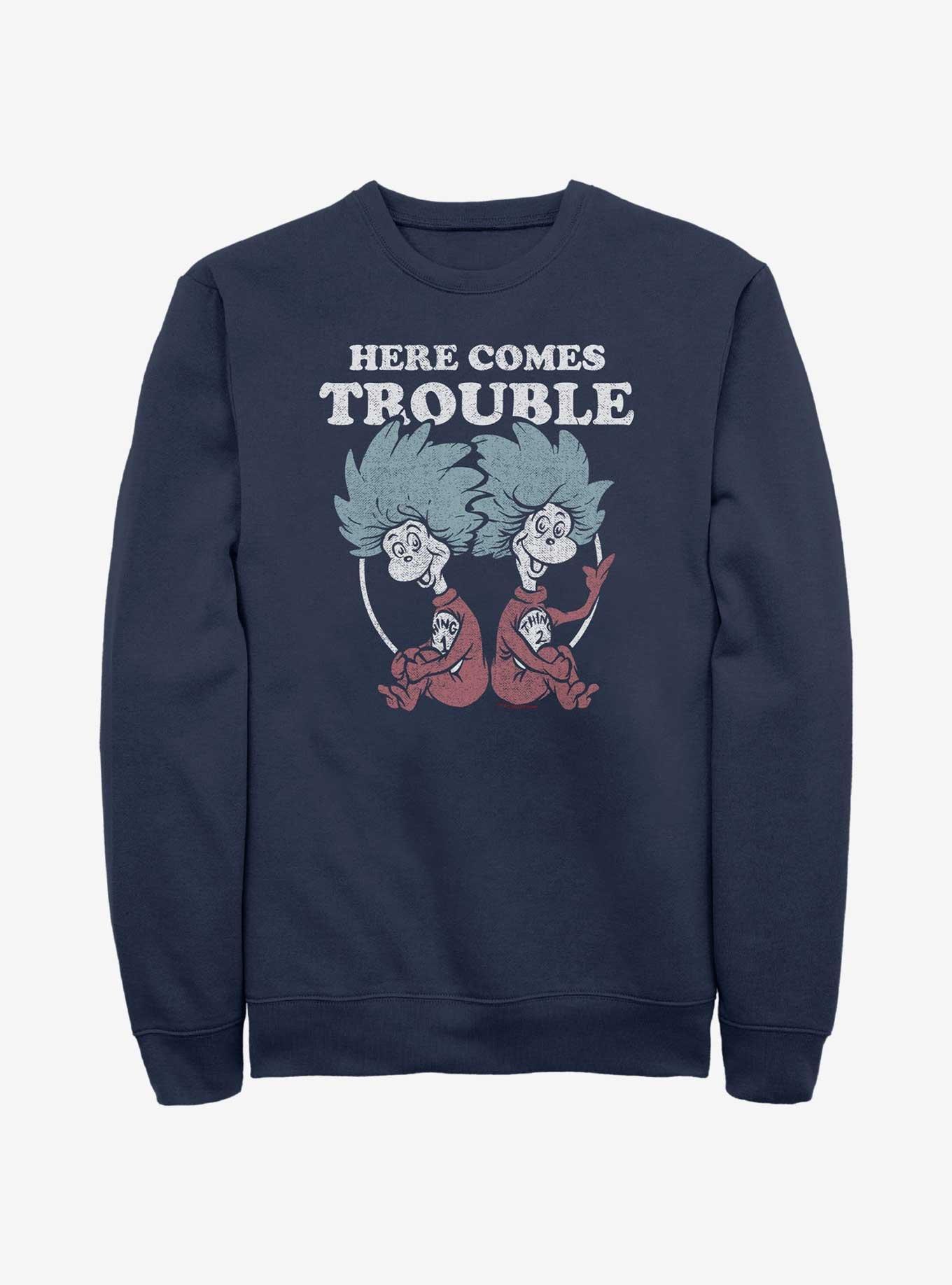 Dr. Seuss's Cat In The Hat Here Comes Trouble Things Sweatshirt, NAVY, hi-res