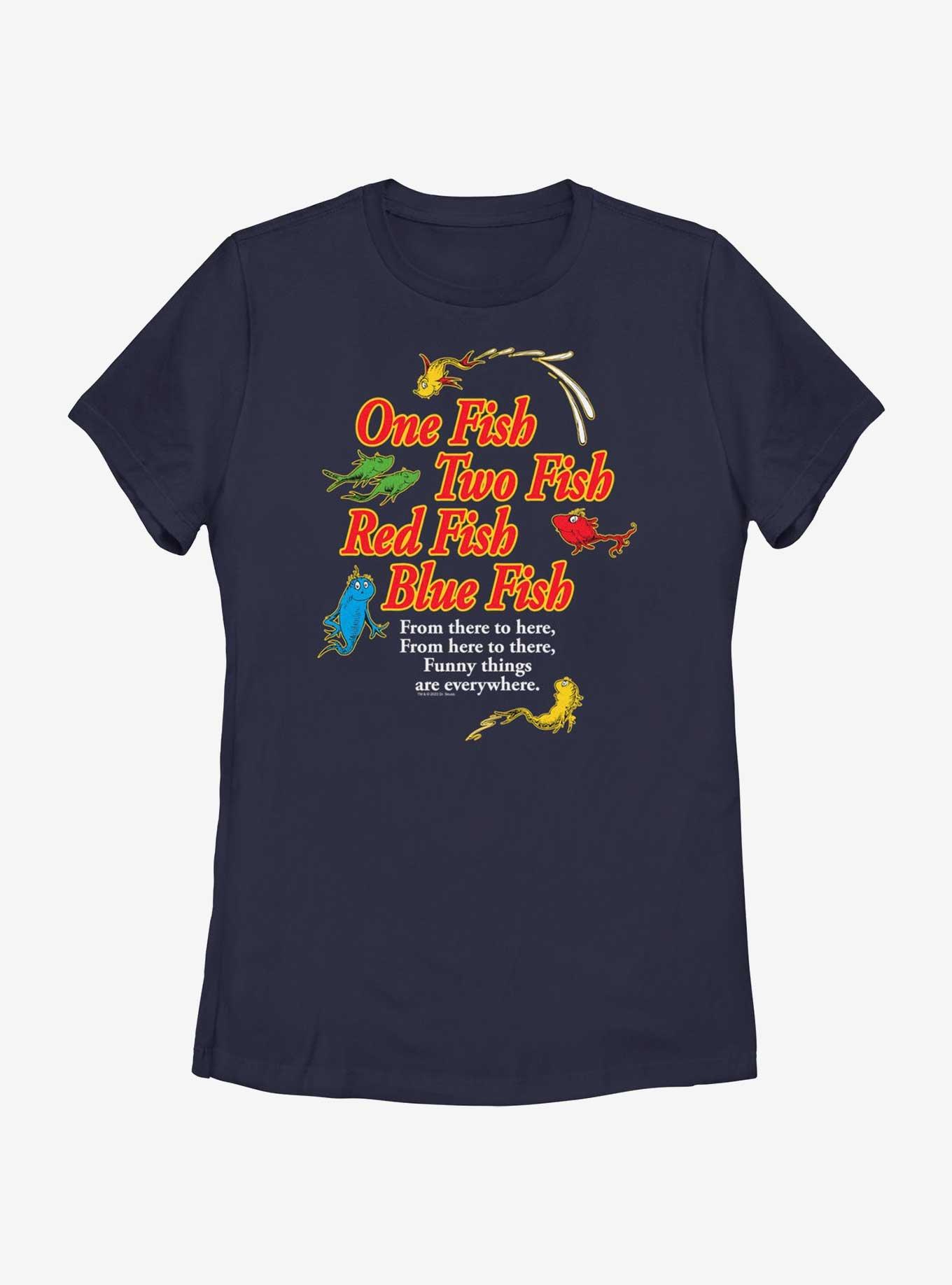 Dr. Seuss's One Fish, Two Fish, Red Fish, Blue Fish Funny Things Are Everywhere Womens T-Shirt, NAVY, hi-res