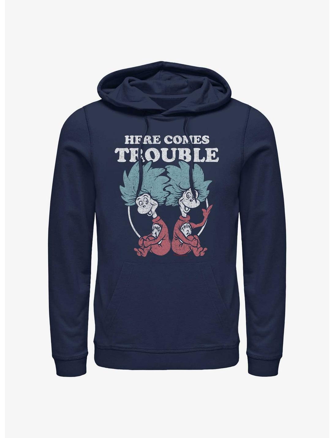 Dr. Seuss's Cat In The Hat Here Comes Trouble Things Hoodie, NAVY, hi-res