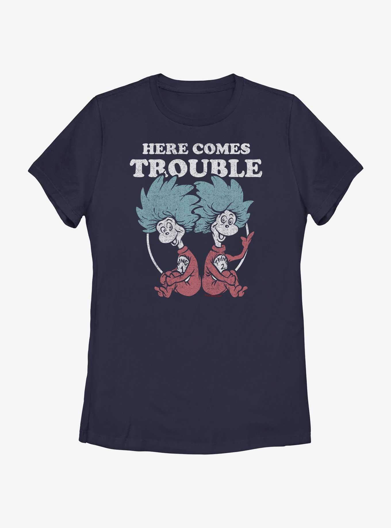 Dr. Seuss's Cat In The Hat Here Comes Trouble Things Womens T-Shirt, NAVY, hi-res