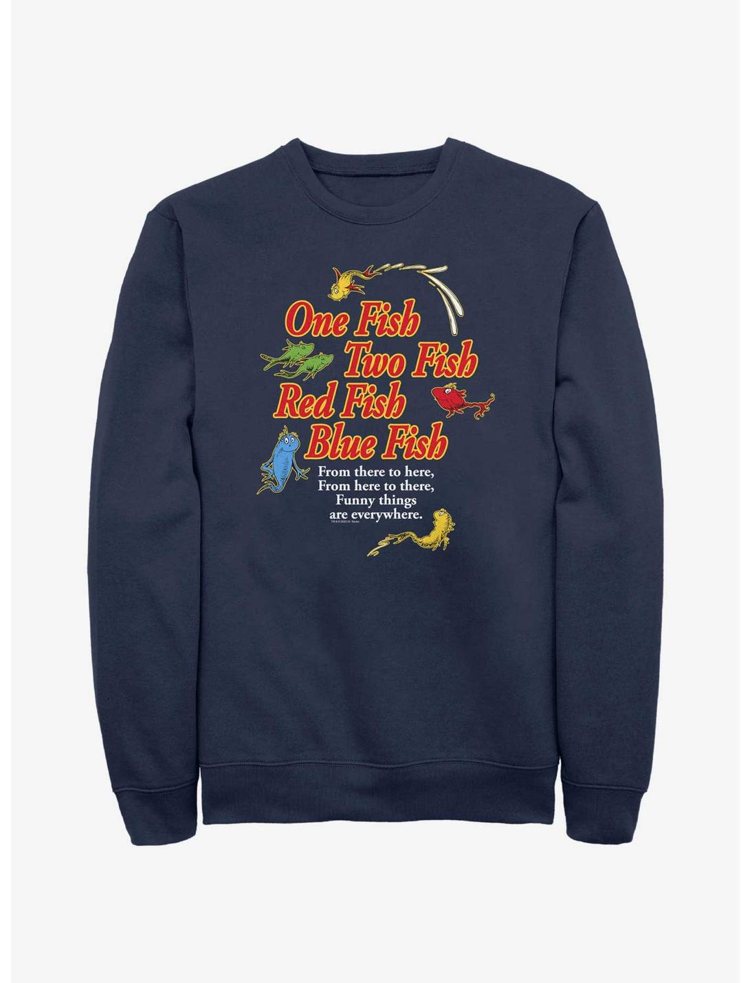 Dr. Seuss's One Fish, Two Fish, Red Fish, Blue Fish Funny Things Are Everywhere Sweatshirt, NAVY, hi-res
