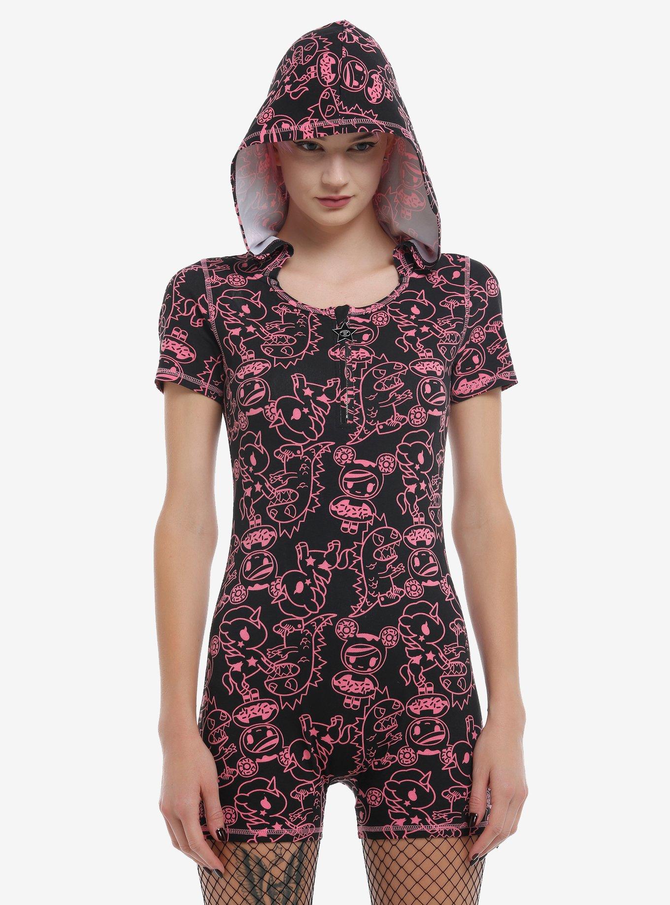Tokidoki Black & Pink Character Outline Hooded Romper, , hi-res