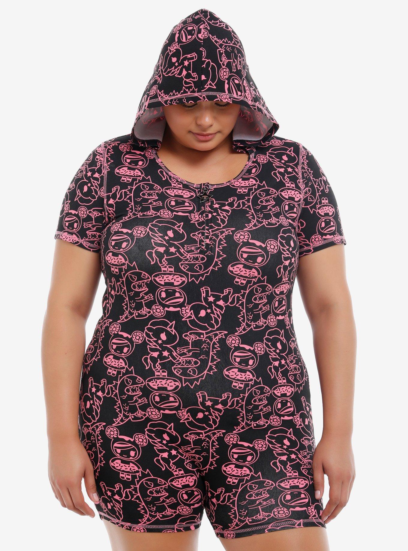 Tokidoki Black & Pink Character Outline Hooded Romper Plus Size, , hi-res