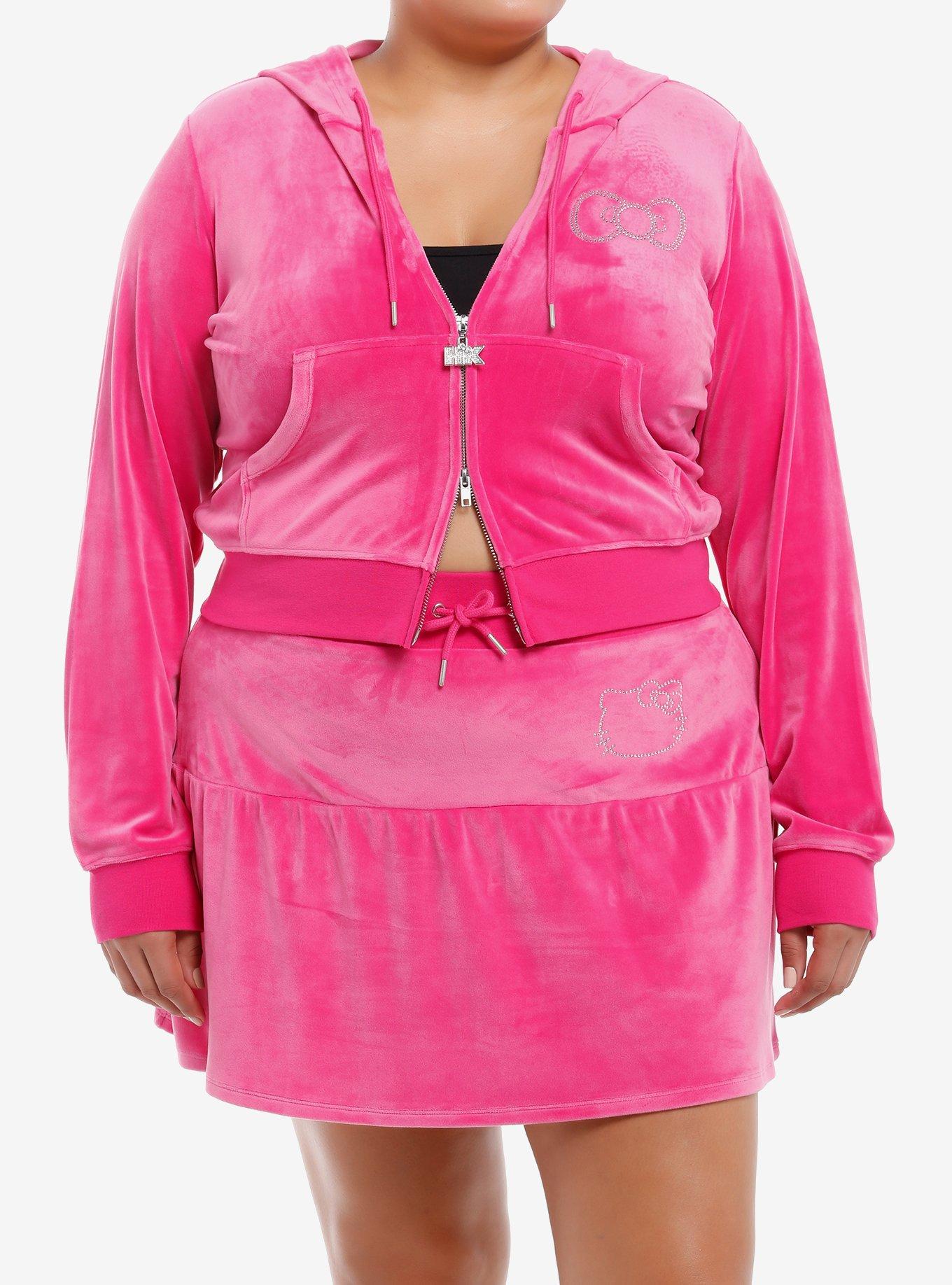 Hello Kitty Rhinestone Pink Velour Crop Girls Hoodie Plus Size, , hi-res