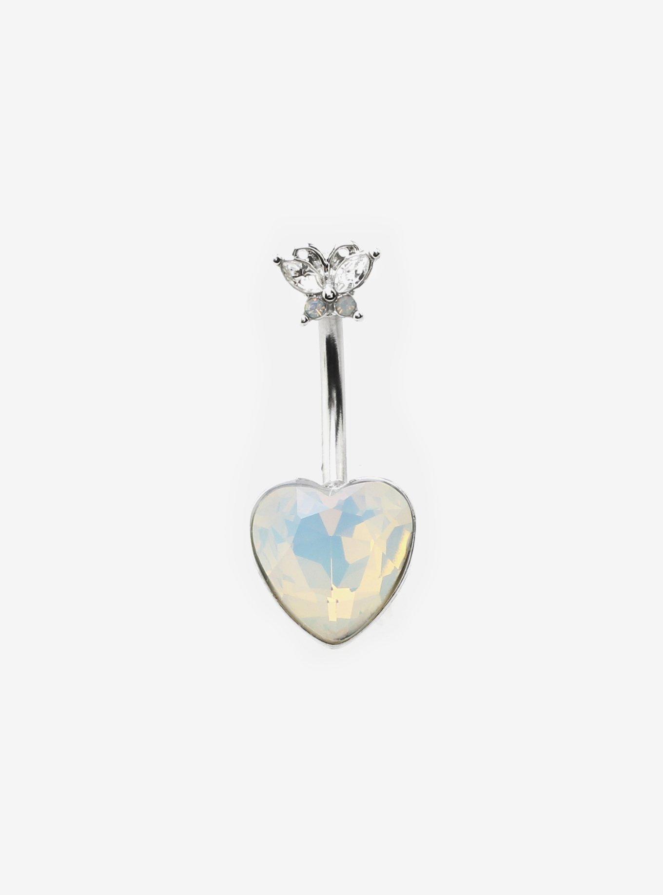 14G Steel Heart Butterfly Opal Navel Barbell, , hi-res