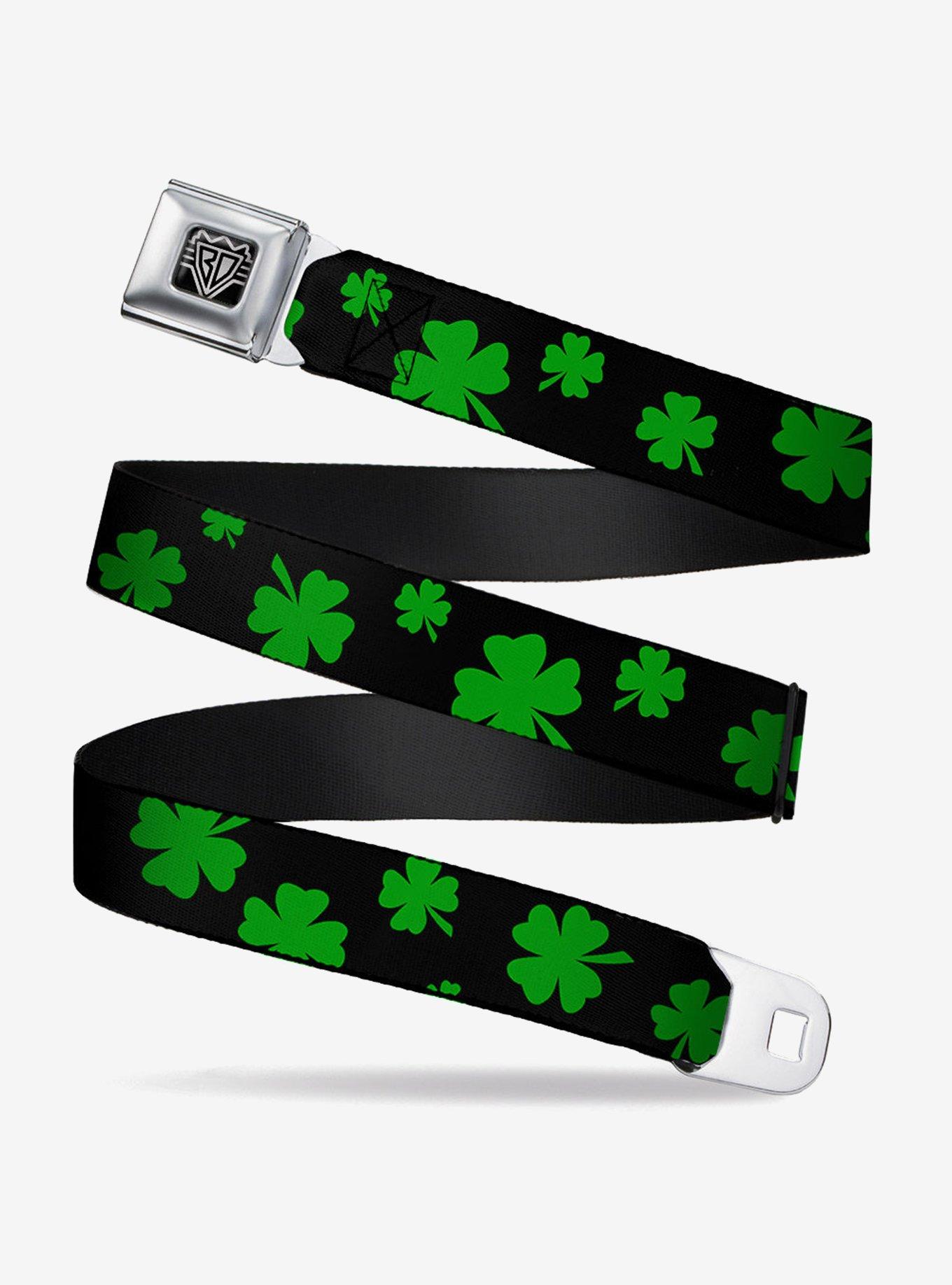 St. Patrick's Day Clovers Scattered Black Green Seatbelt Buckle Belt, , hi-res