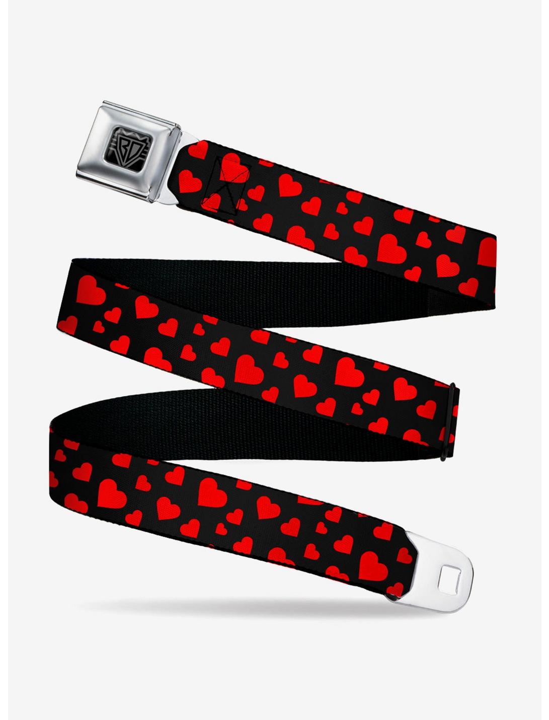 Hearts Scattered Black Red Seatbelt Buckle Belt, RED, hi-res