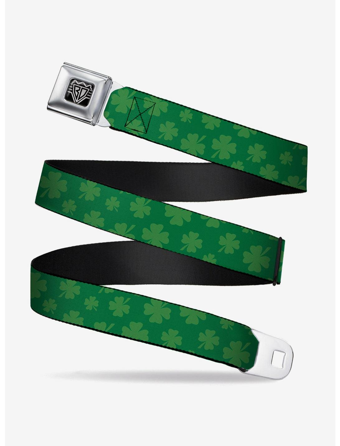 St. Patrick's Day Clovers Scattered Green Seatbelt Buckle Belt, GREEN, hi-res